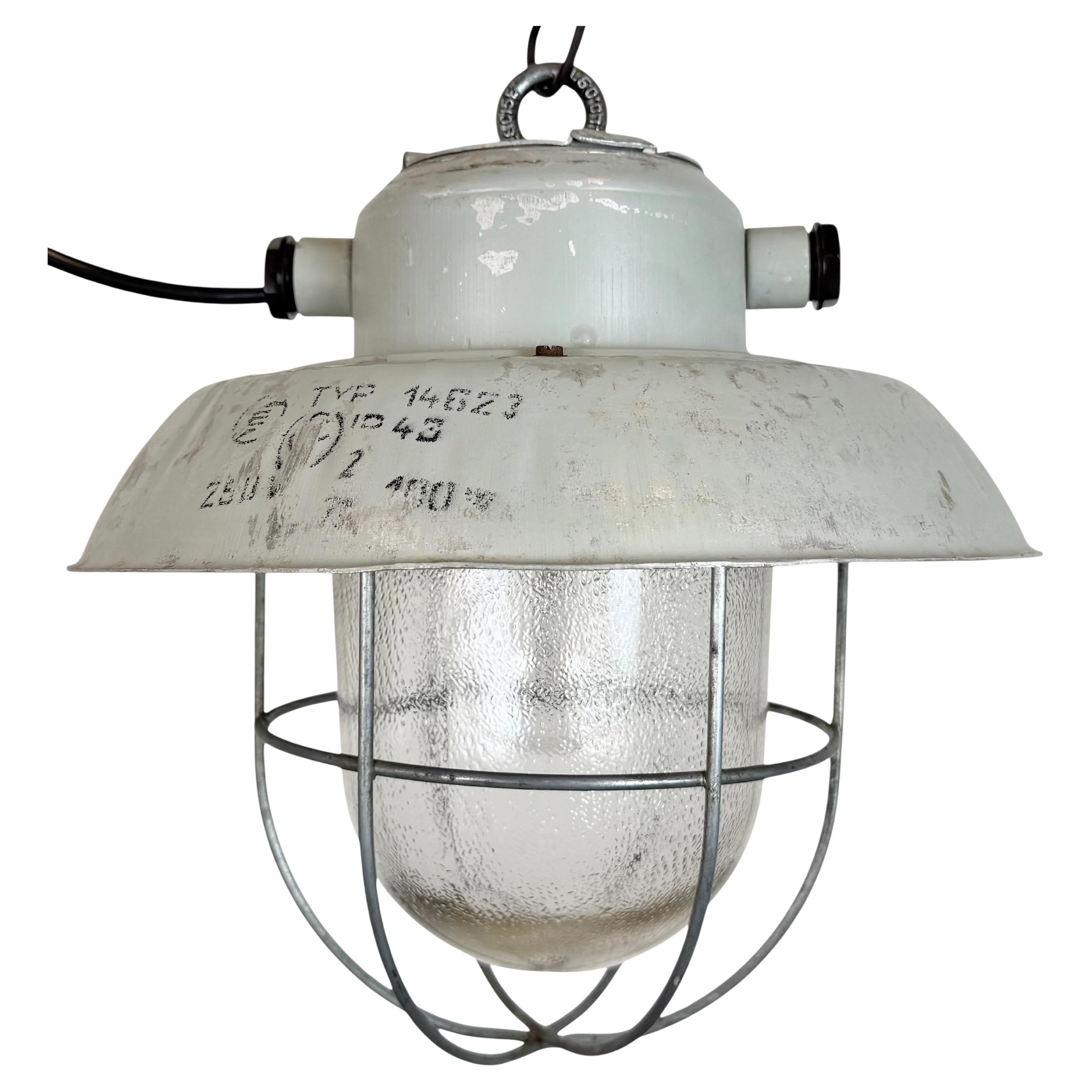 Lampada a sospensione industriale a gabbia in alluminio grigio con vetro smerigliato, anni
70