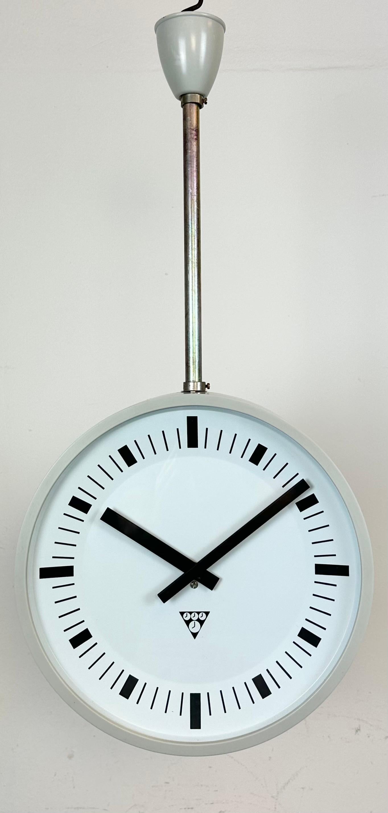 Czech Grey Industrial Bakelite Double Sided Factory Clock from Pragotron, 1980s For Sale