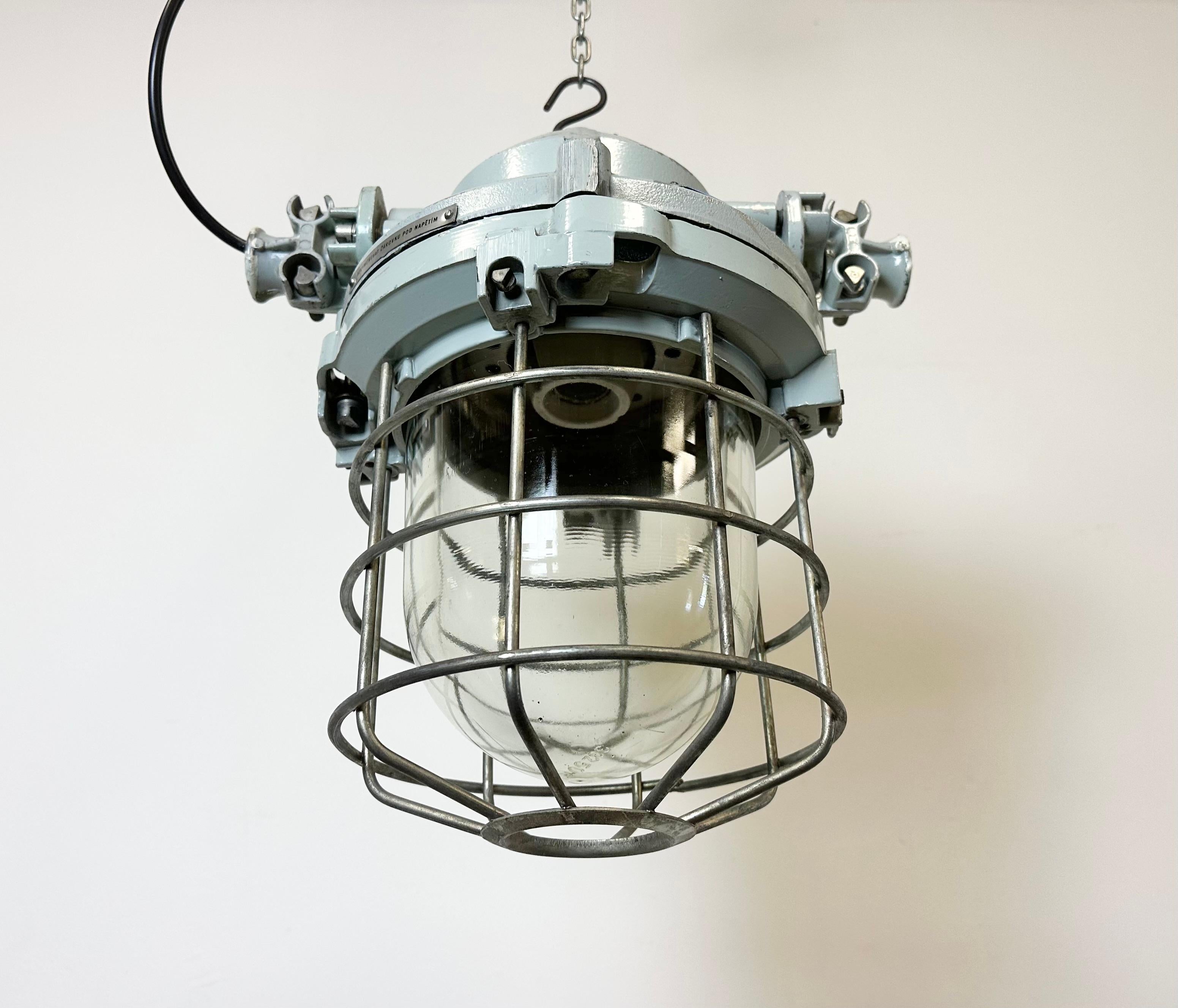 Grey Industrial Bunker Ceiling Light with Iron Cage from Elektrosvit, 1970s For Sale 4