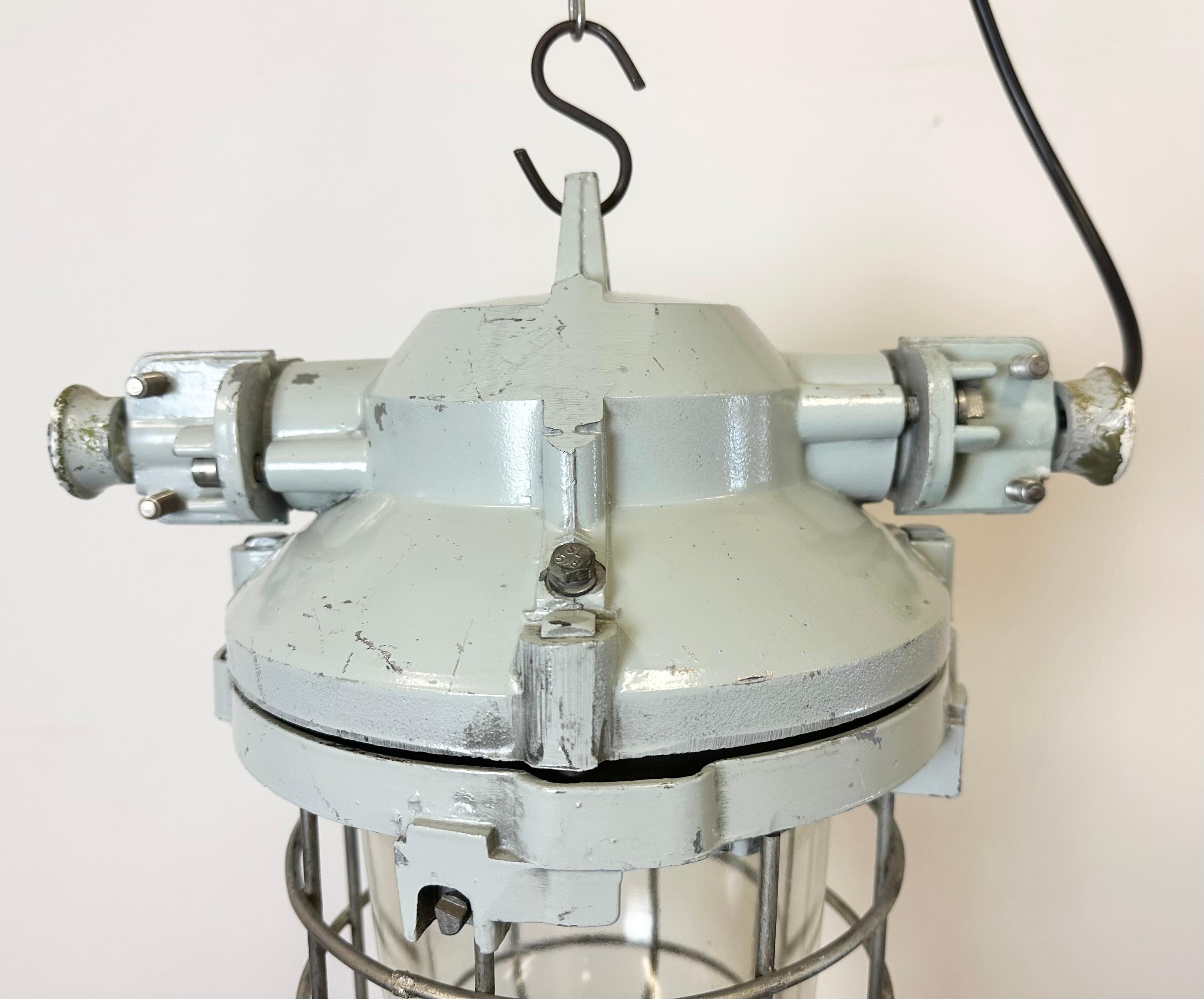 Grey Industrial Bunker Ceiling Light with Iron Cage from Elektrosvit, 1970s For Sale 5