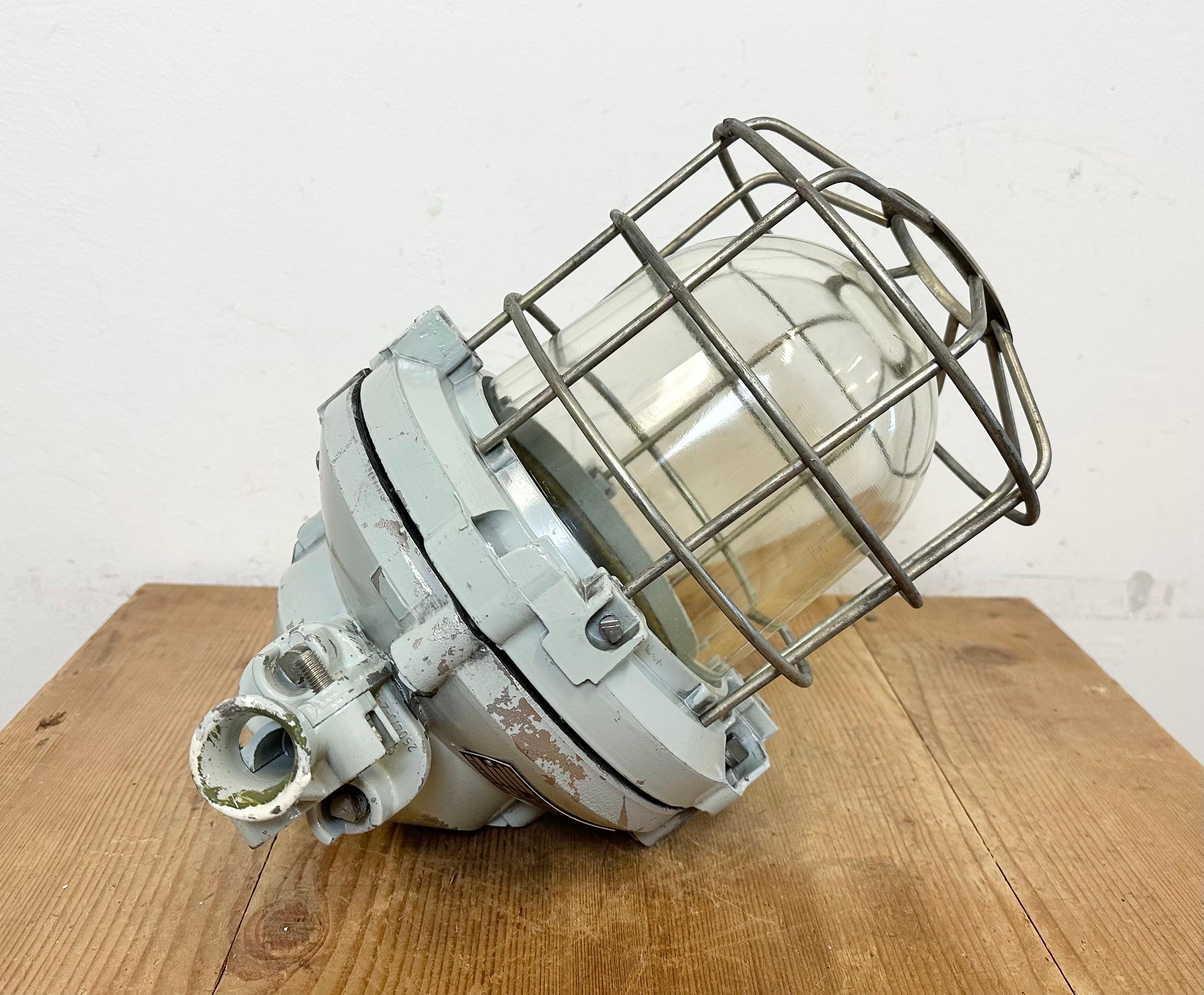Grey Industrial Bunker Ceiling Light with Iron Cage from Elektrosvit, 1970s For Sale 6