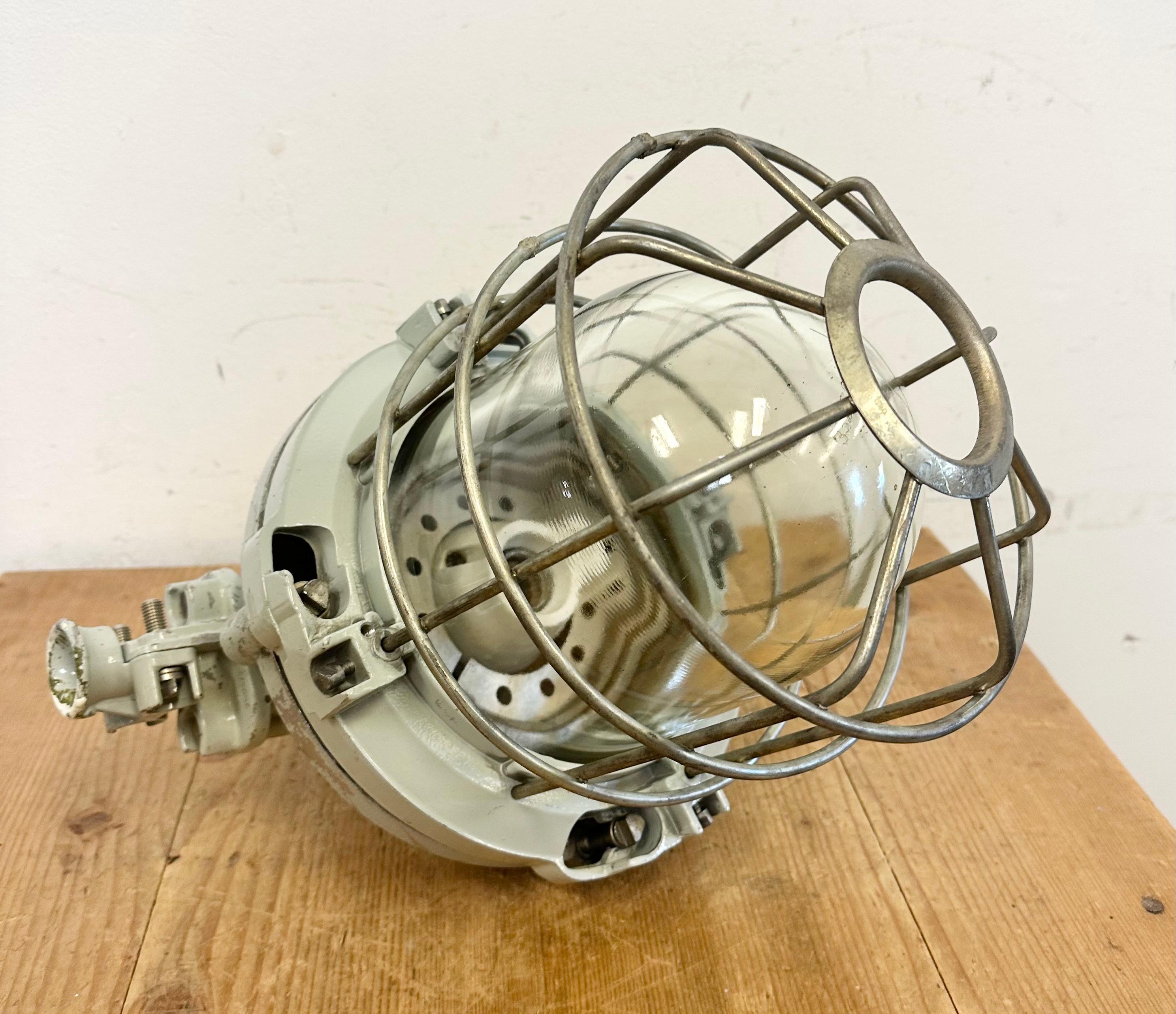 Grey Industrial Bunker Ceiling Light with Iron Cage from Elektrosvit, 1970s For Sale 7
