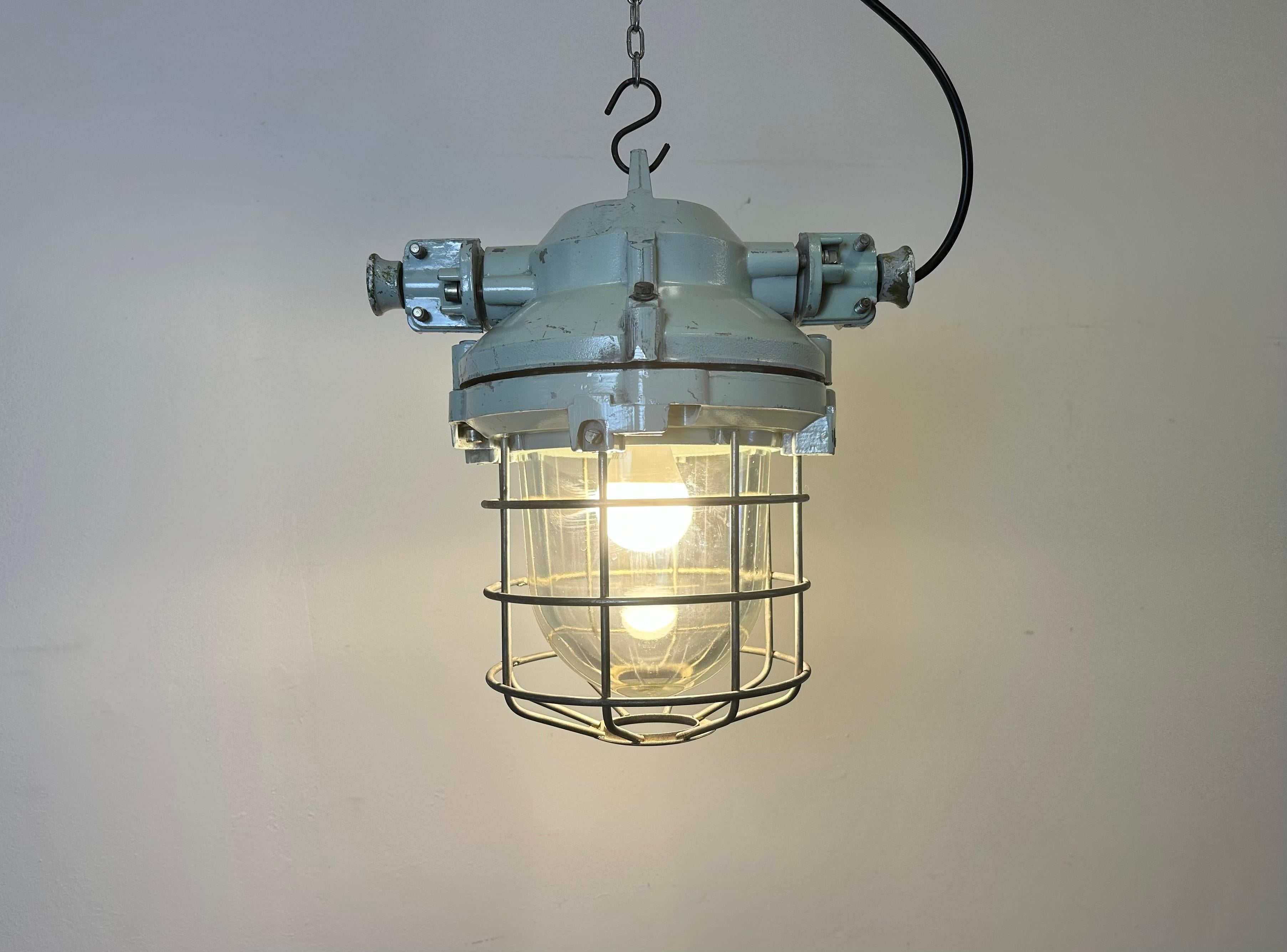 Grey Industrial Bunker Ceiling Light with Iron Cage from Elektrosvit, 1970s For Sale 8