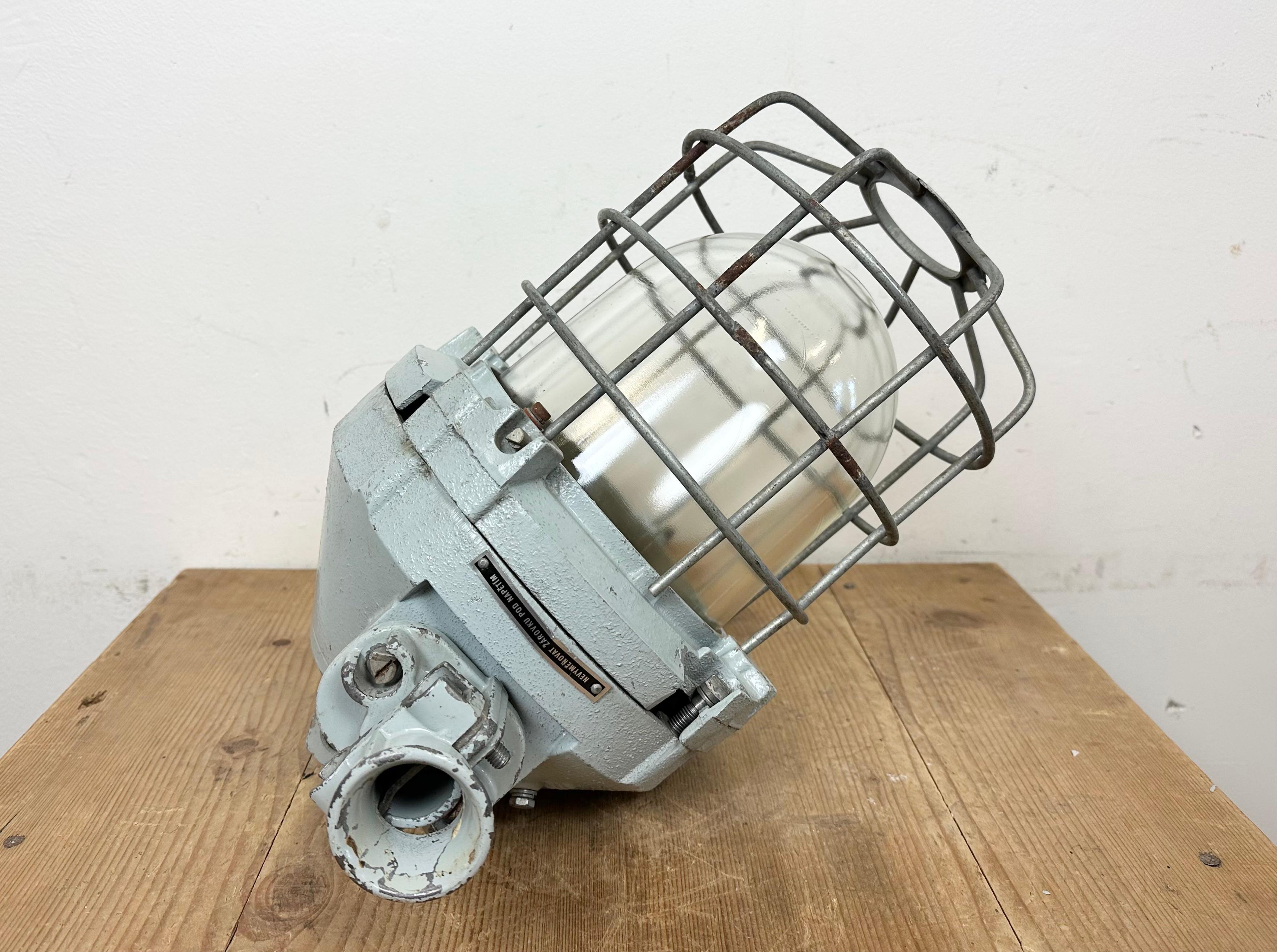 Grey Industrial Bunker Hanging Light with Iron Cage from Elektrosvit, 1970s For Sale 8