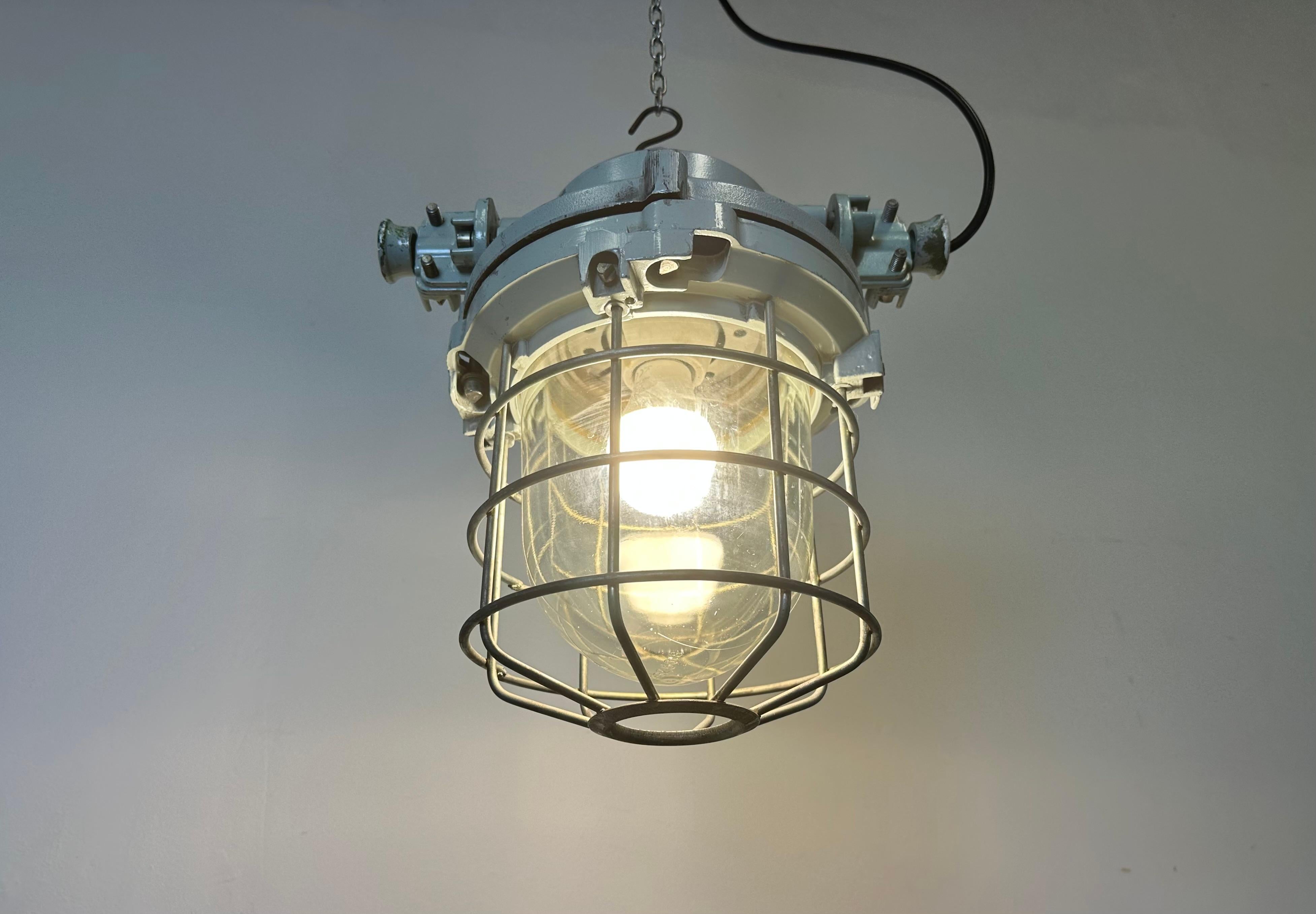 Grey Industrial Bunker Ceiling Light with Iron Cage from Elektrosvit, 1970s For Sale 9