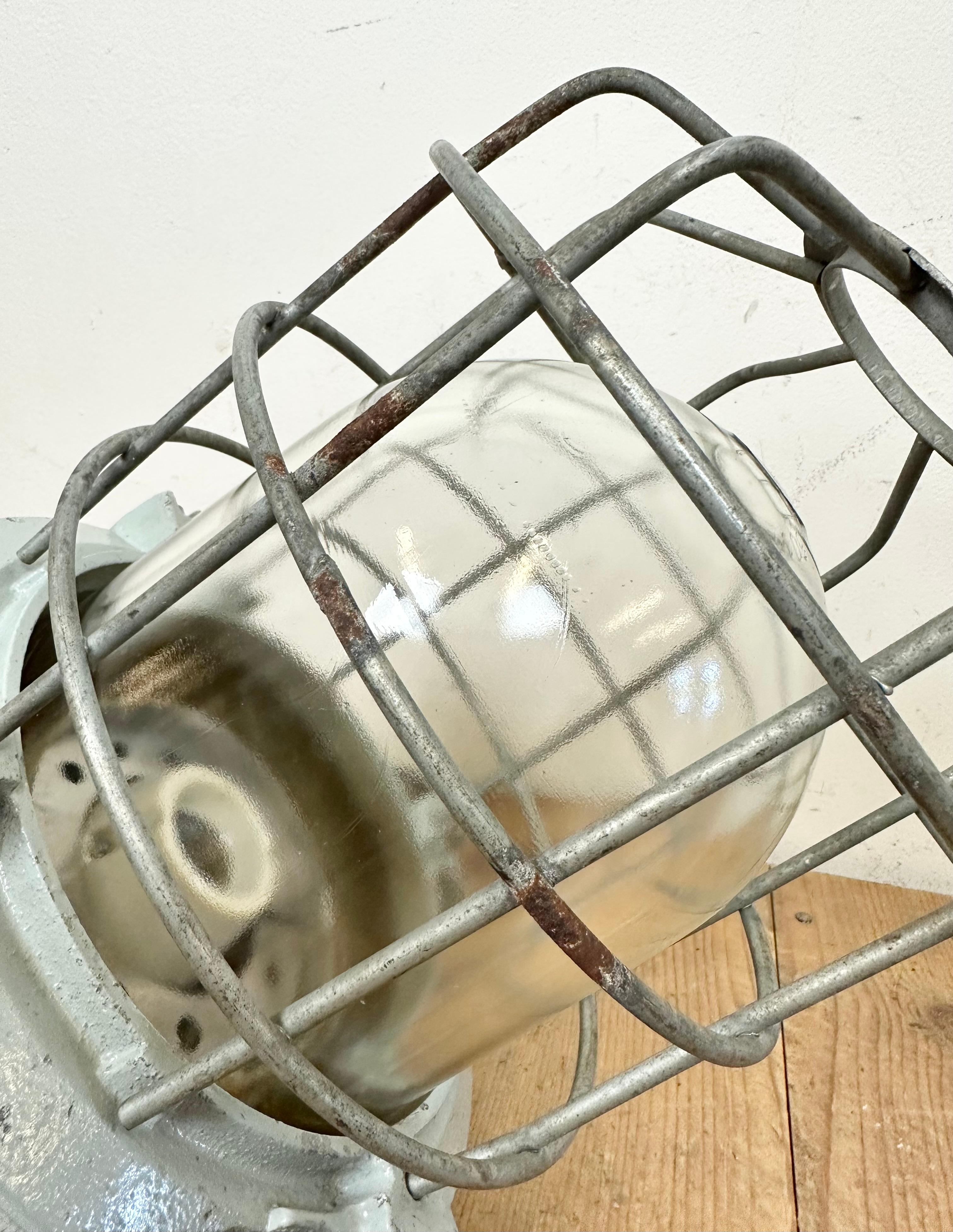 Grey Industrial Bunker Hanging Light with Iron Cage from Elektrosvit, 1970s For Sale 9