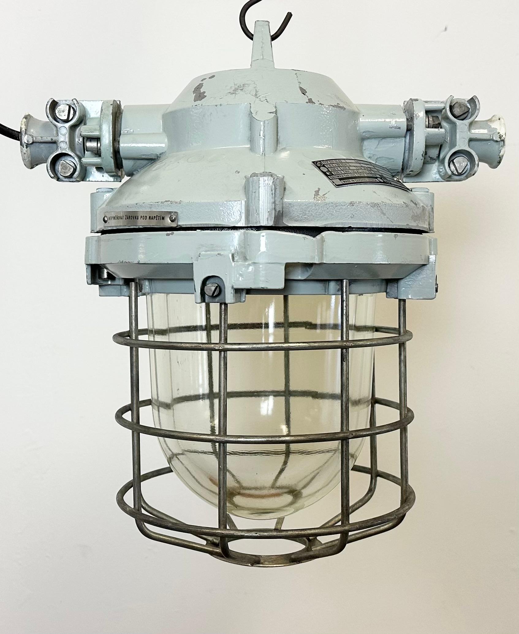 Czech Grey Industrial Bunker Ceiling Light with Iron Cage from Elektrosvit, 1970s For Sale