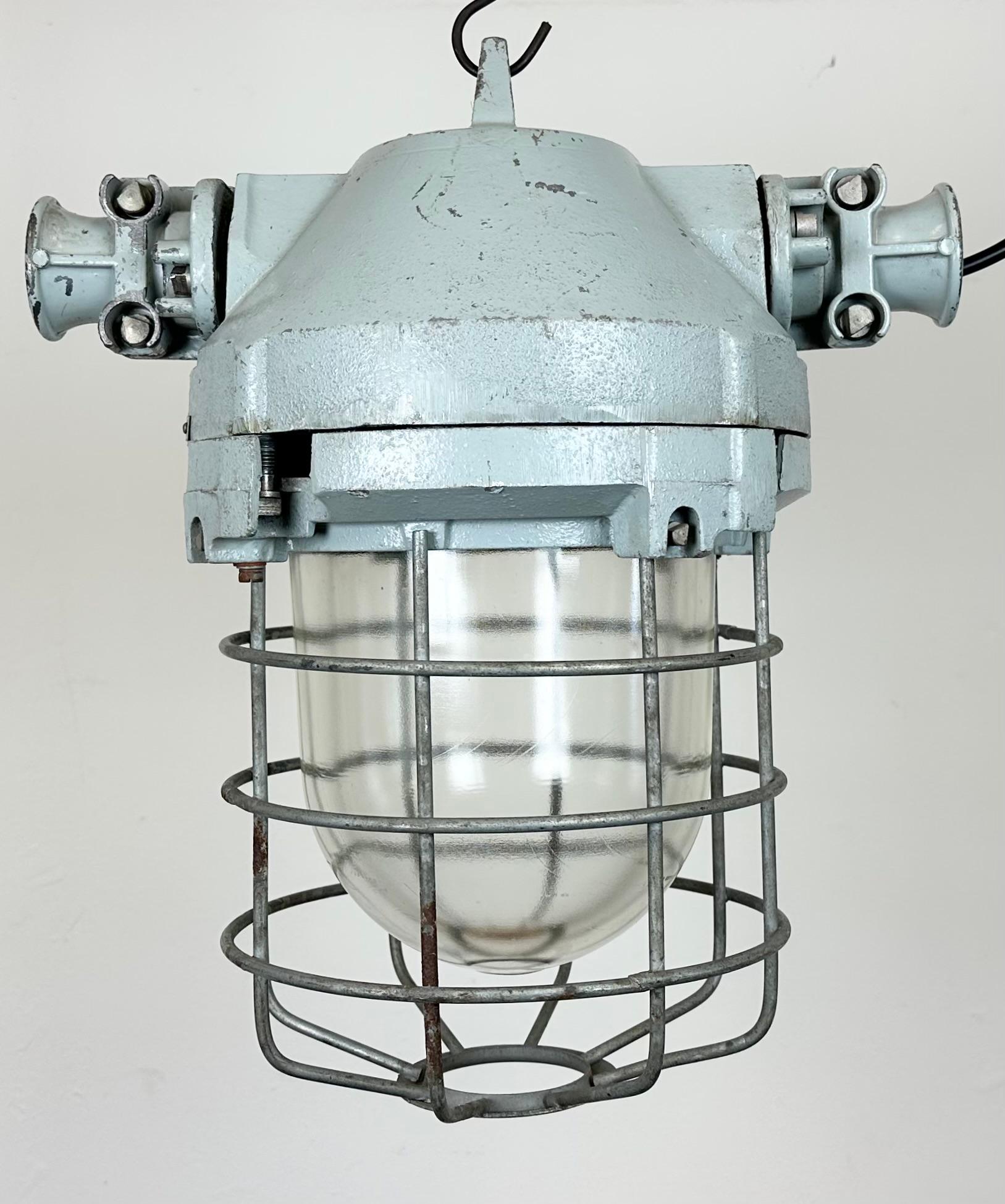 Czech Grey Industrial Bunker Hanging Light with Iron Cage from Elektrosvit, 1970s For Sale