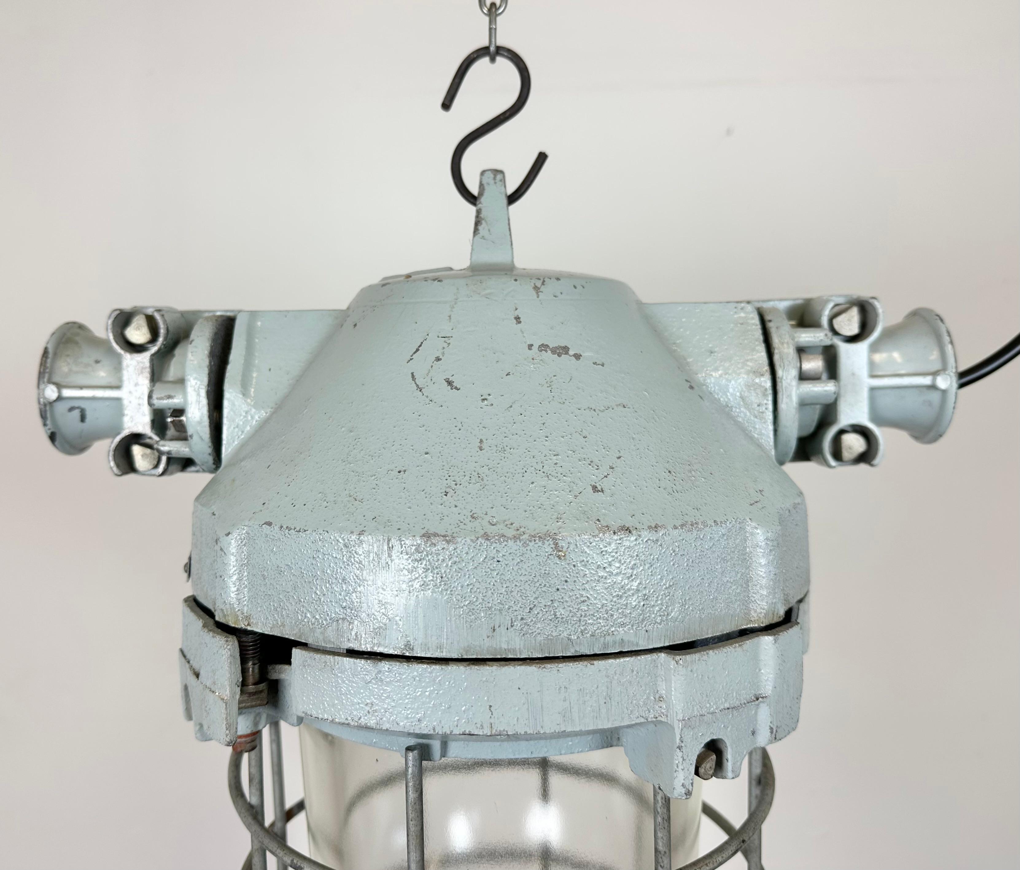 Grey Industrial Bunker Hanging Light with Iron Cage from Elektrosvit, 1970s In Good Condition For Sale In Kojetice, CZ