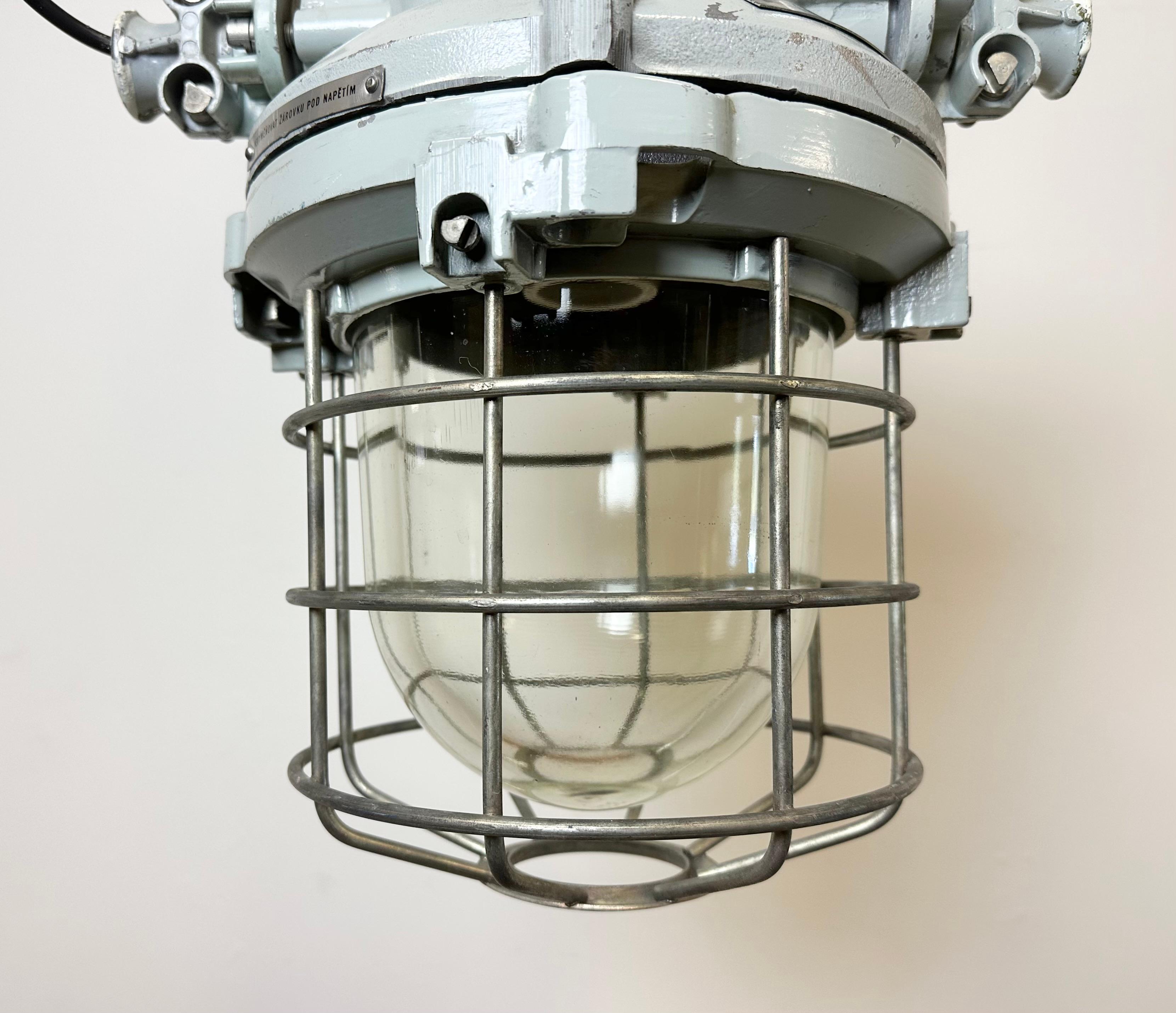 Late 20th Century Grey Industrial Bunker Ceiling Light with Iron Cage from Elektrosvit, 1970s For Sale