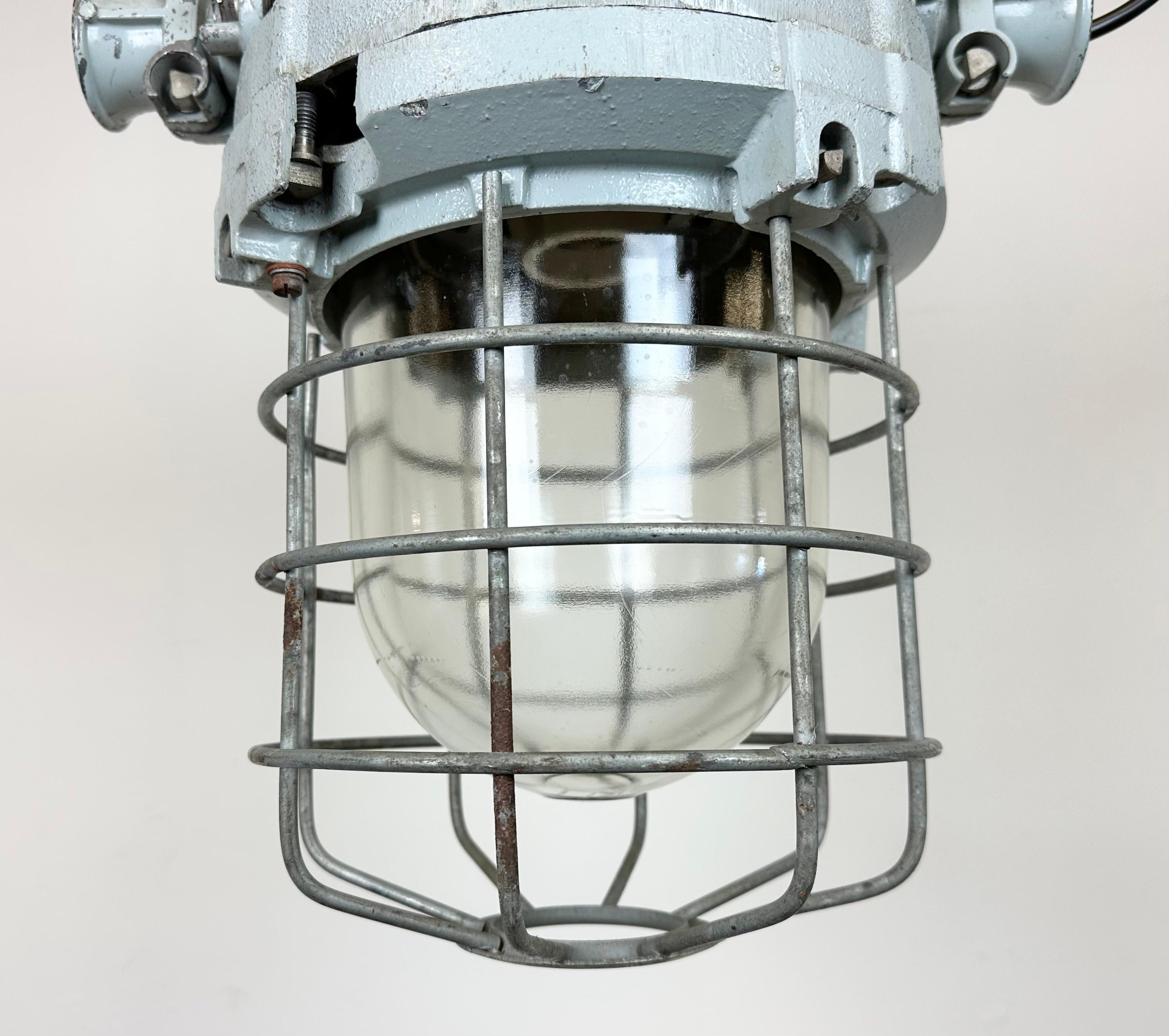 Late 20th Century Grey Industrial Bunker Hanging Light with Iron Cage from Elektrosvit, 1970s For Sale