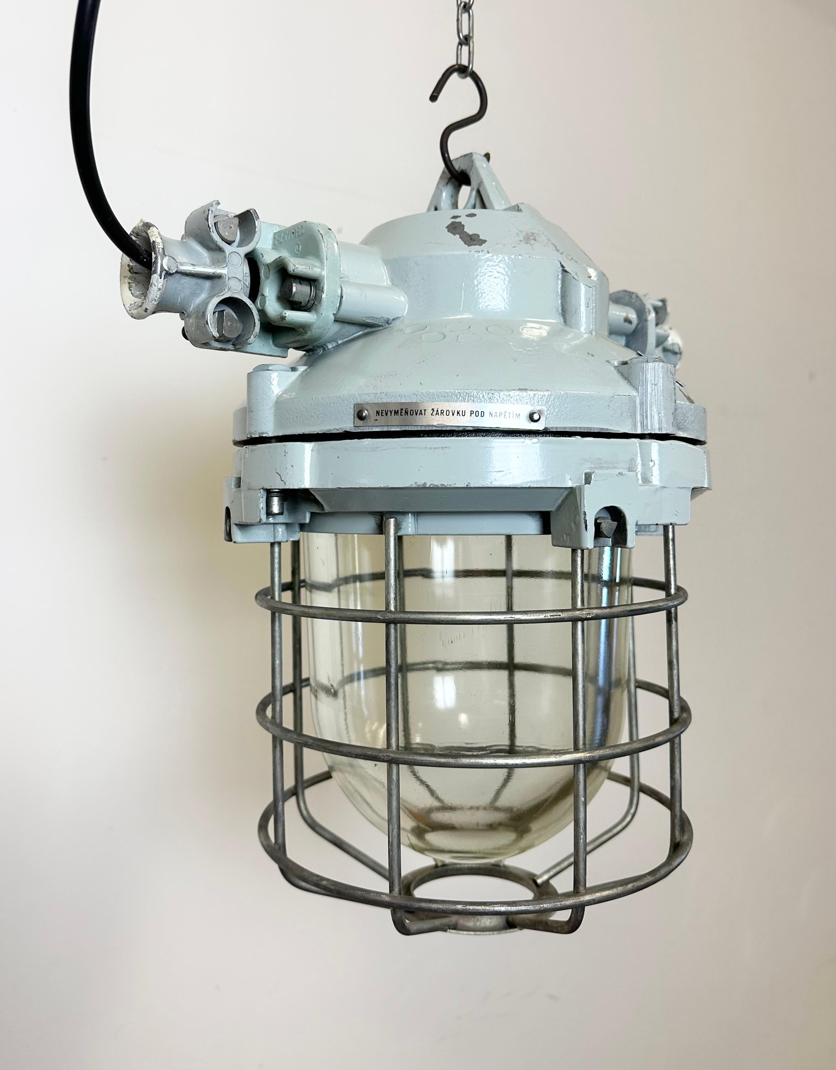 Aluminum Grey Industrial Bunker Ceiling Light with Iron Cage from Elektrosvit, 1970s For Sale