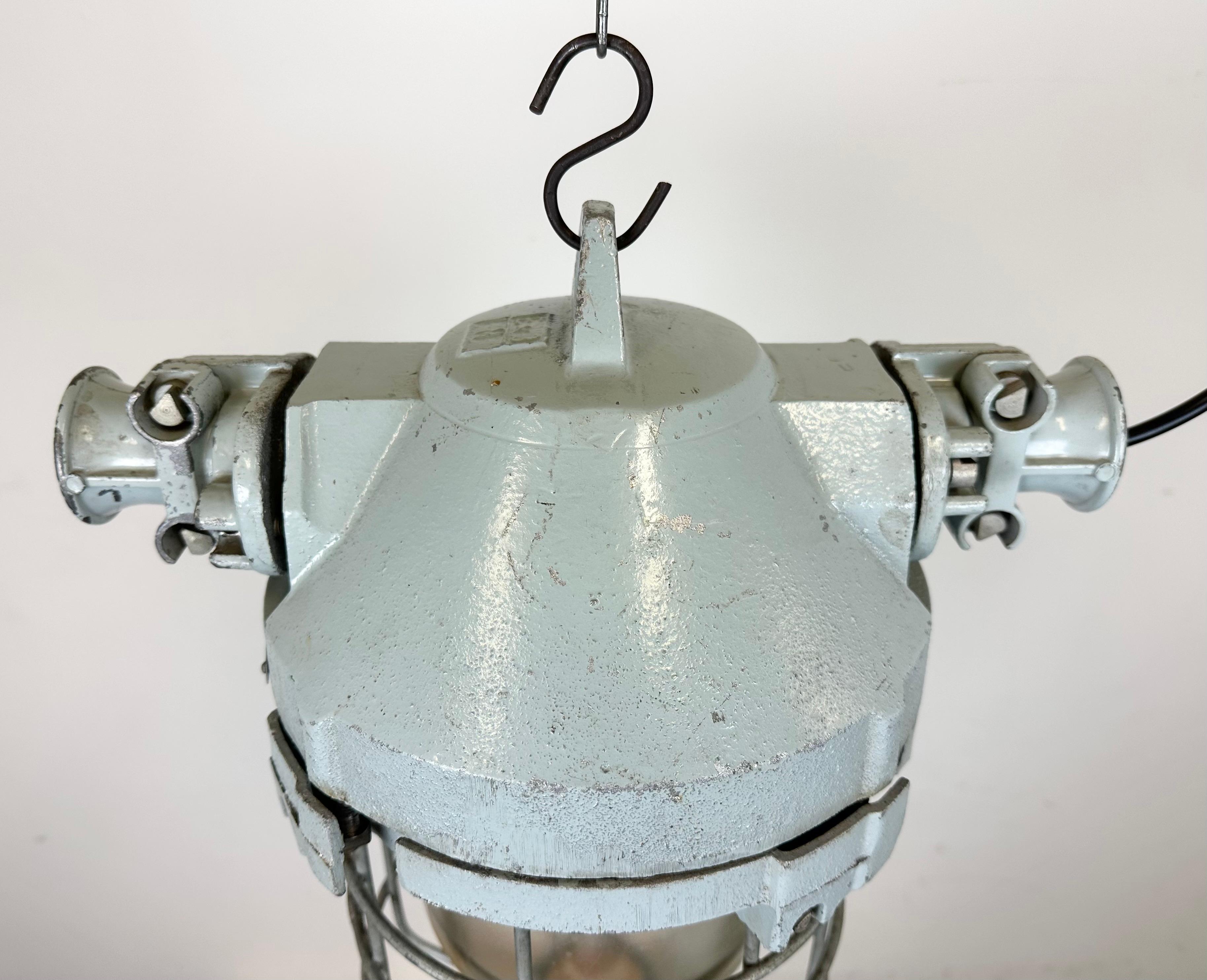 Aluminum Grey Industrial Bunker Hanging Light with Iron Cage from Elektrosvit, 1970s For Sale