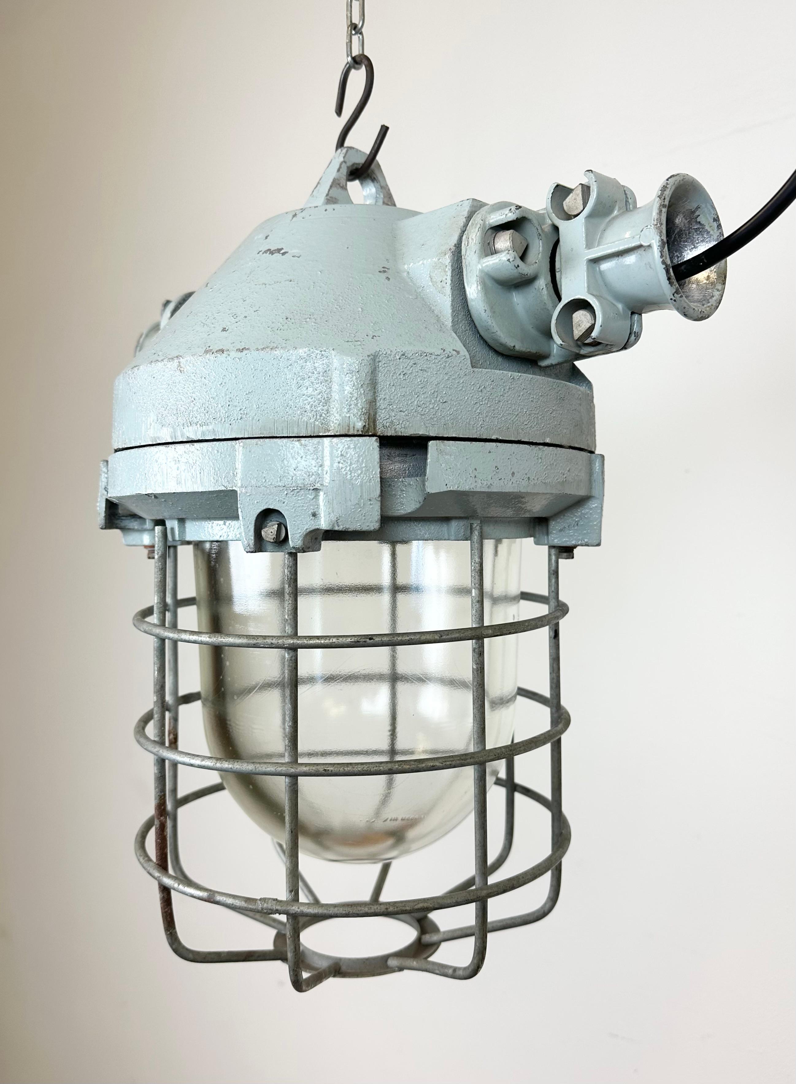 Grey Industrial Bunker Hanging Light with Iron Cage from Elektrosvit, 1970s For Sale 1
