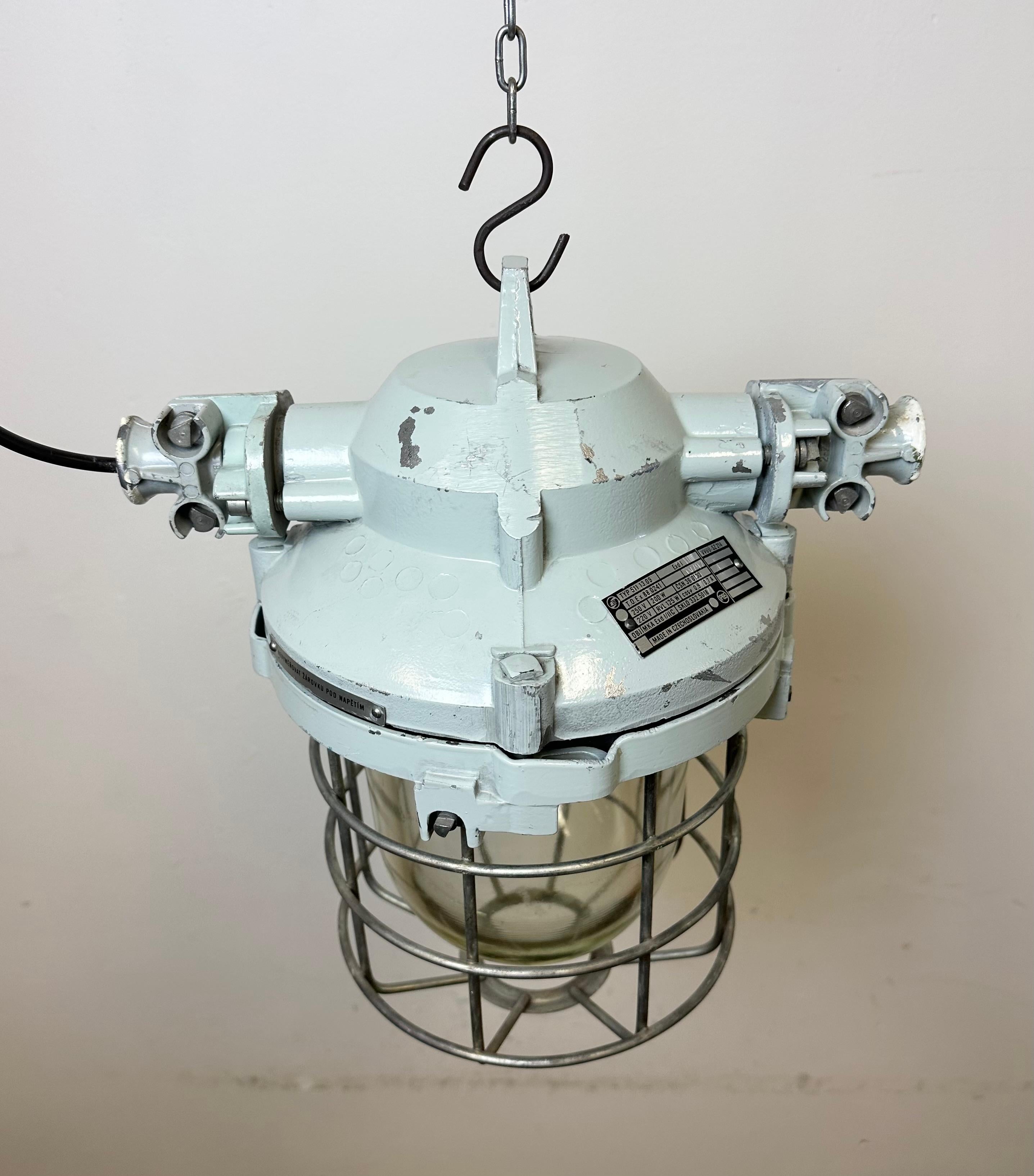 Grey Industrial Bunker Ceiling Light with Iron Cage from Elektrosvit, 1970s For Sale 3