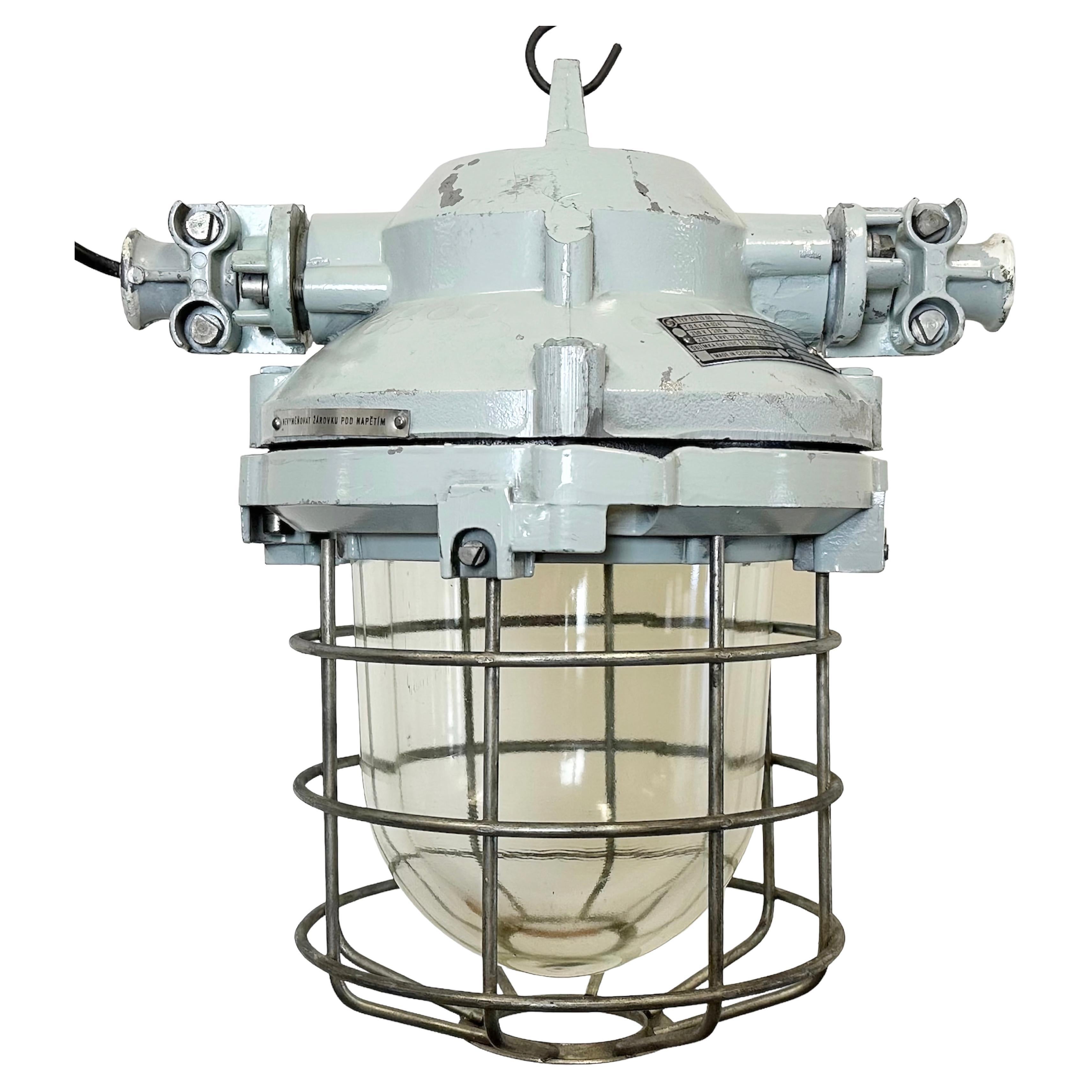 Grey Industrial Bunker Ceiling Light with Iron Cage from Elektrosvit, 1970s