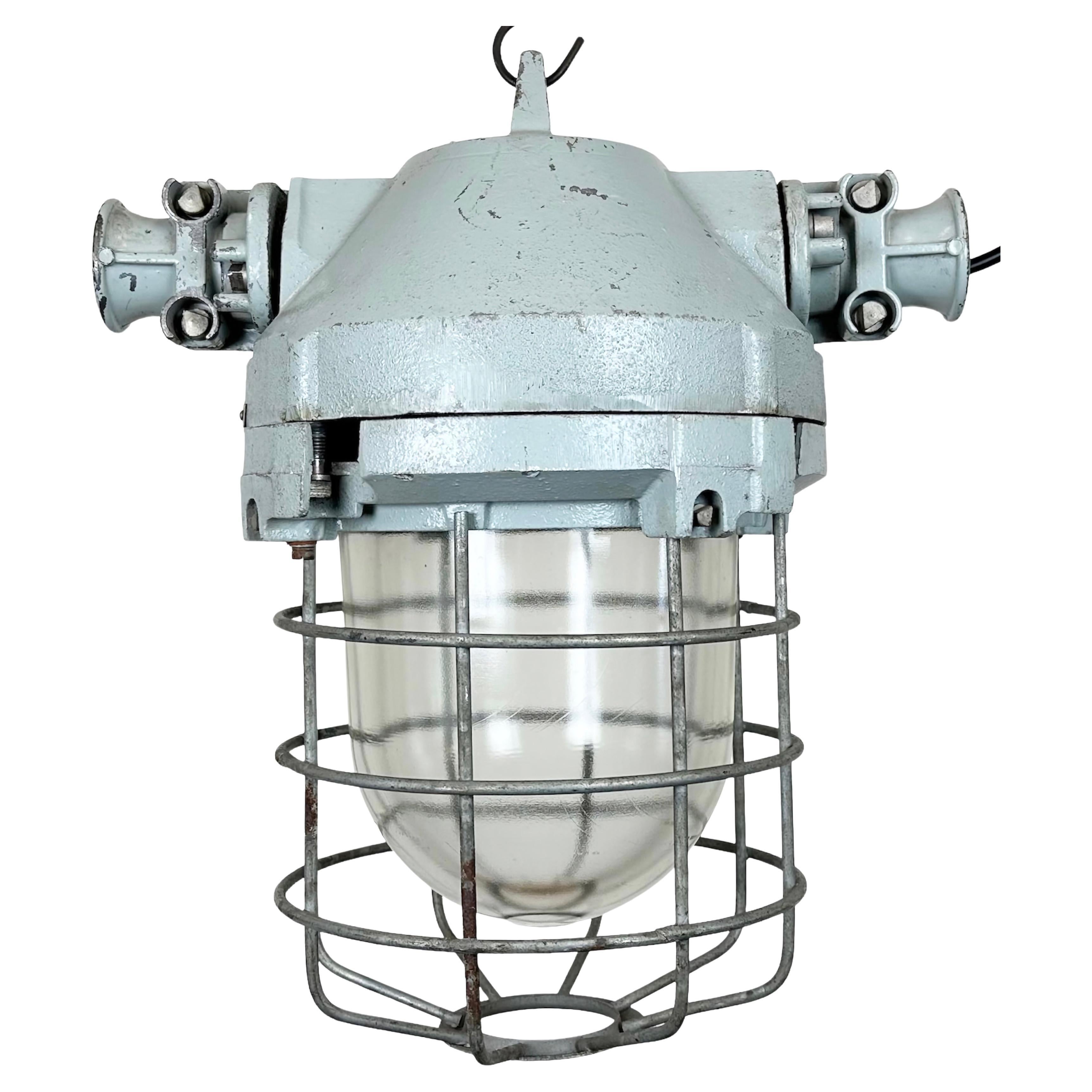 Grey Industrial Bunker Hanging Light with Iron Cage from Elektrosvit, 1970s