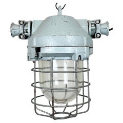 Retro Grey Industrial Bunker Hanging Light with Iron Cage from Elektrosvit, 1970s