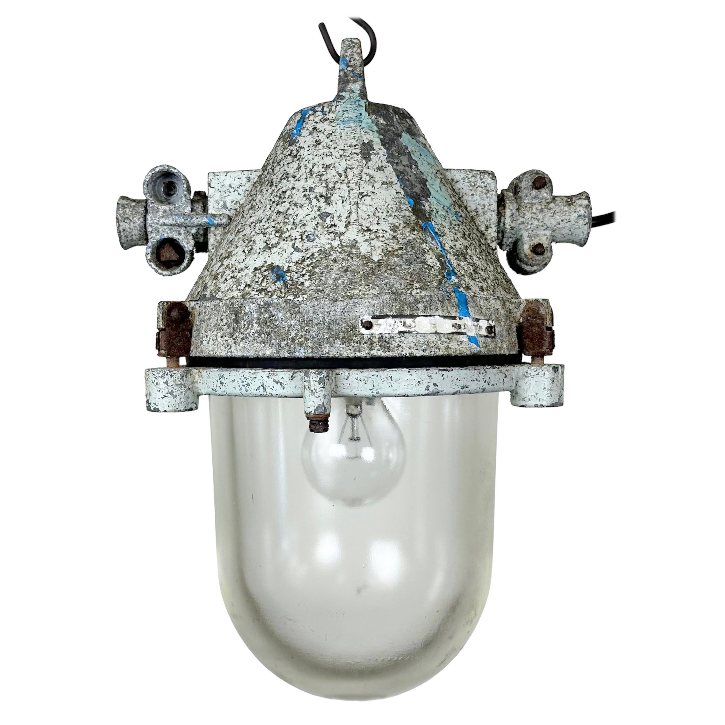 Lampada industriale grigia a prova di esplosione in alluminio fuso, anni '70