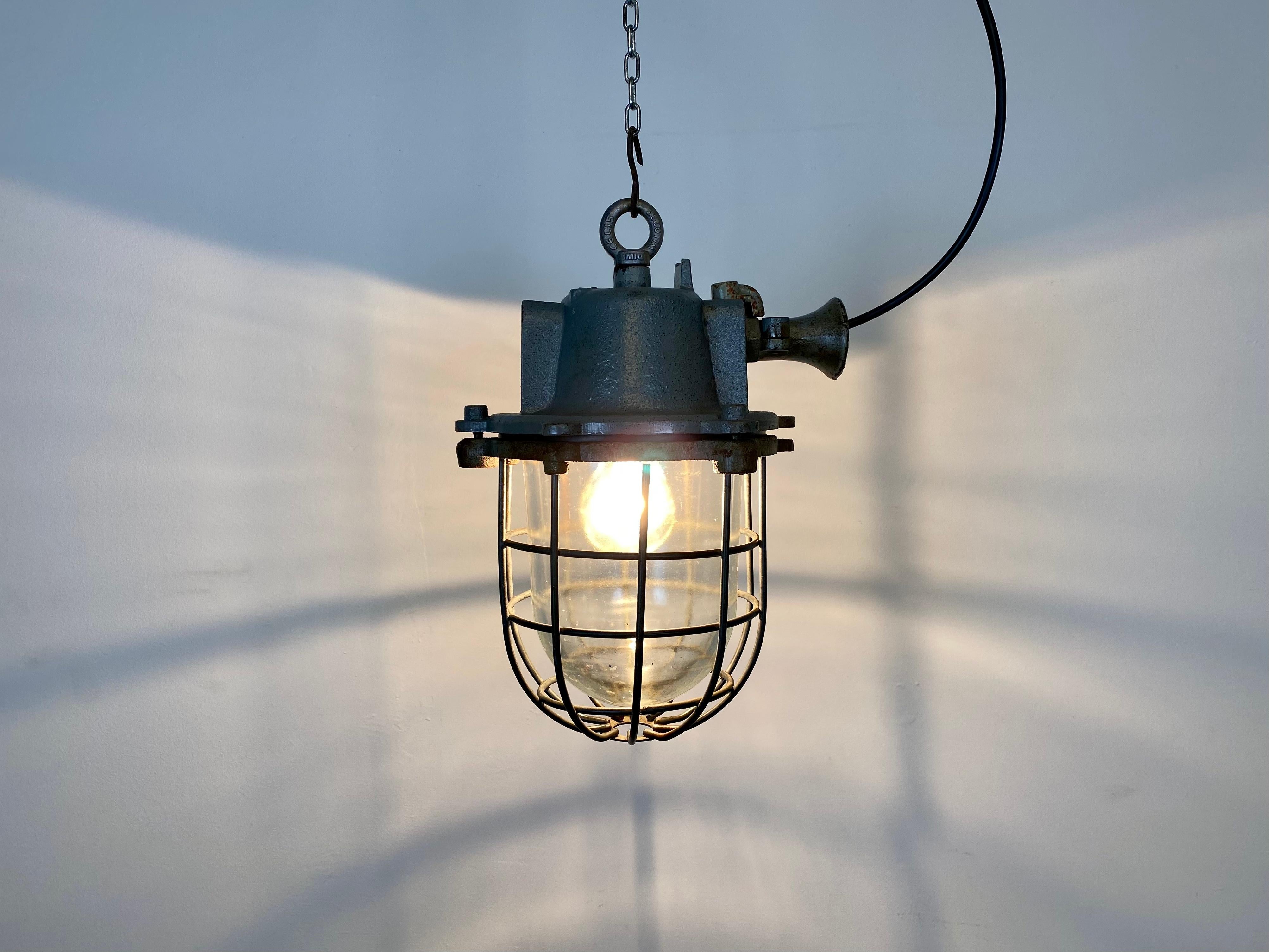 Grey Industrial Cast Iron Cage Pendant Light, 1960s For Sale 4