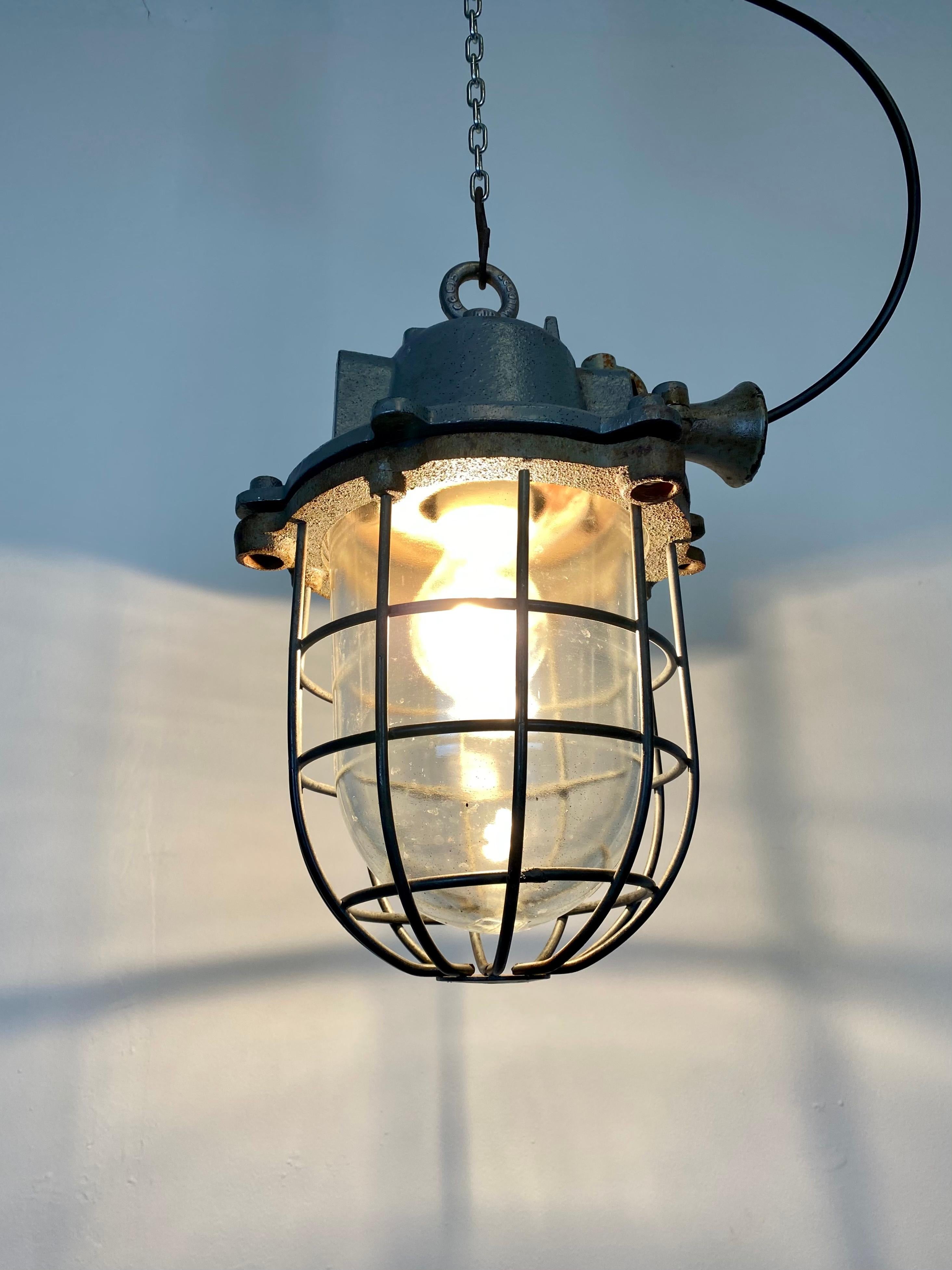 Grey Industrial Cast Iron Cage Pendant Light, 1960s For Sale 5