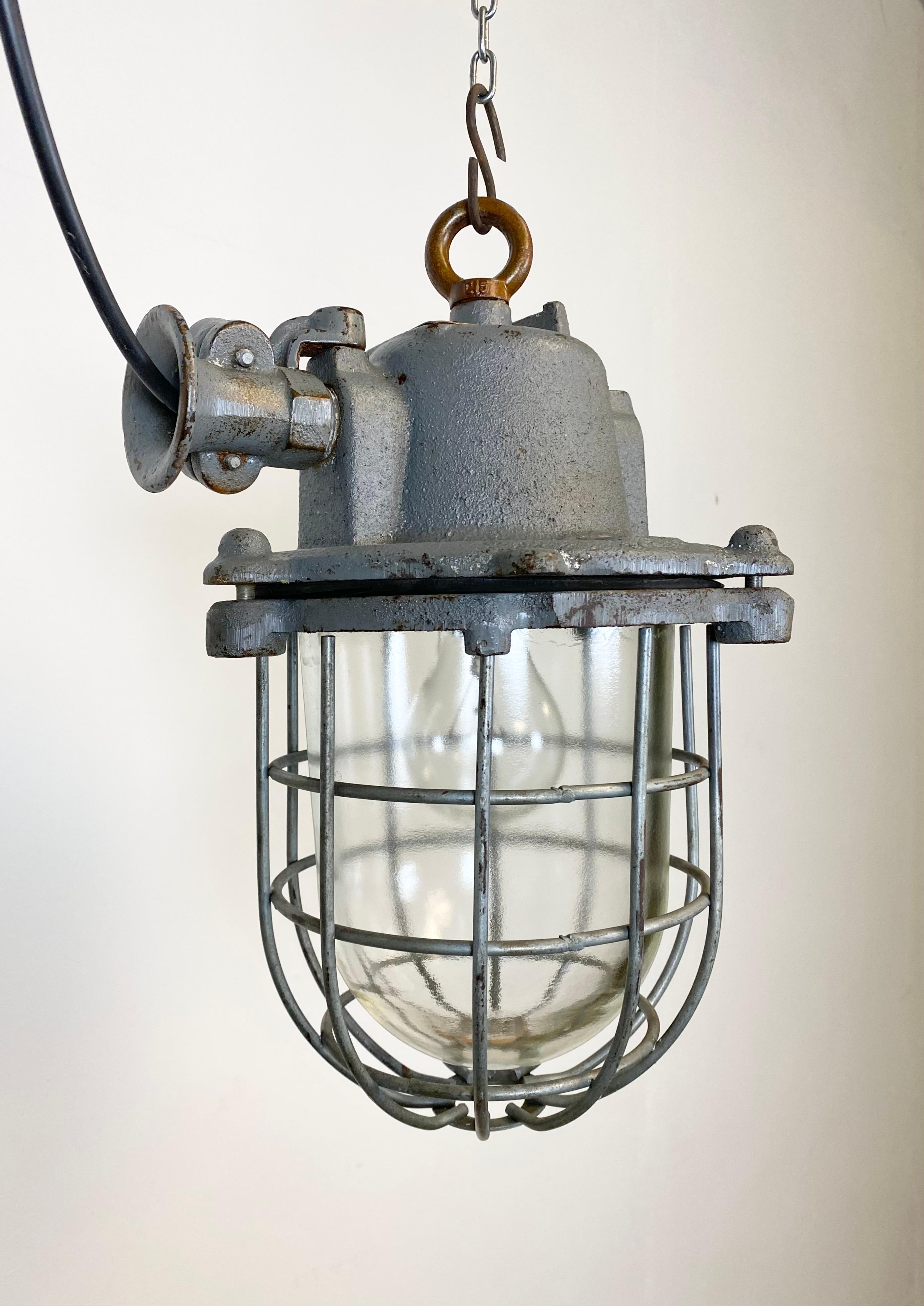 Grey Industrial Cast Iron Cage Pendant Light, 1960s 3