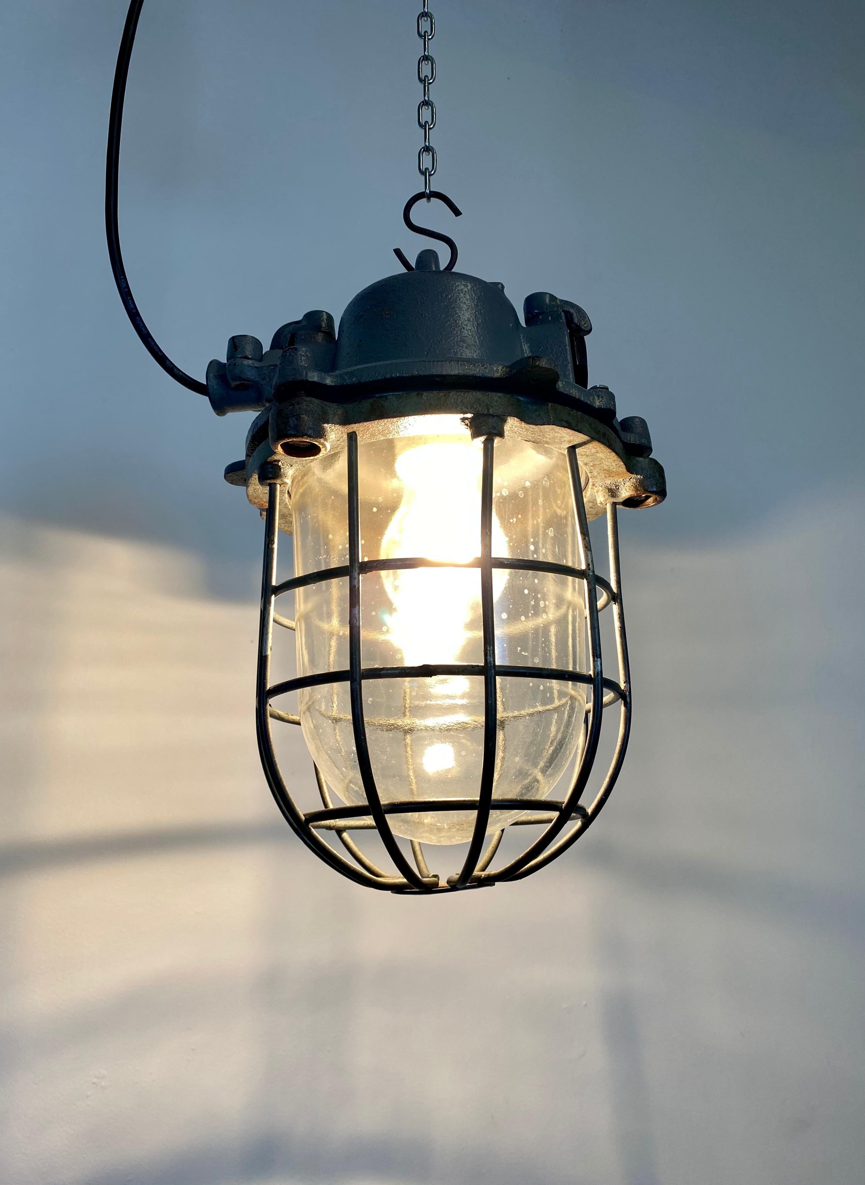 Grey Industrial Cast Iron Cage Pendant Light, 1960s For Sale 8
