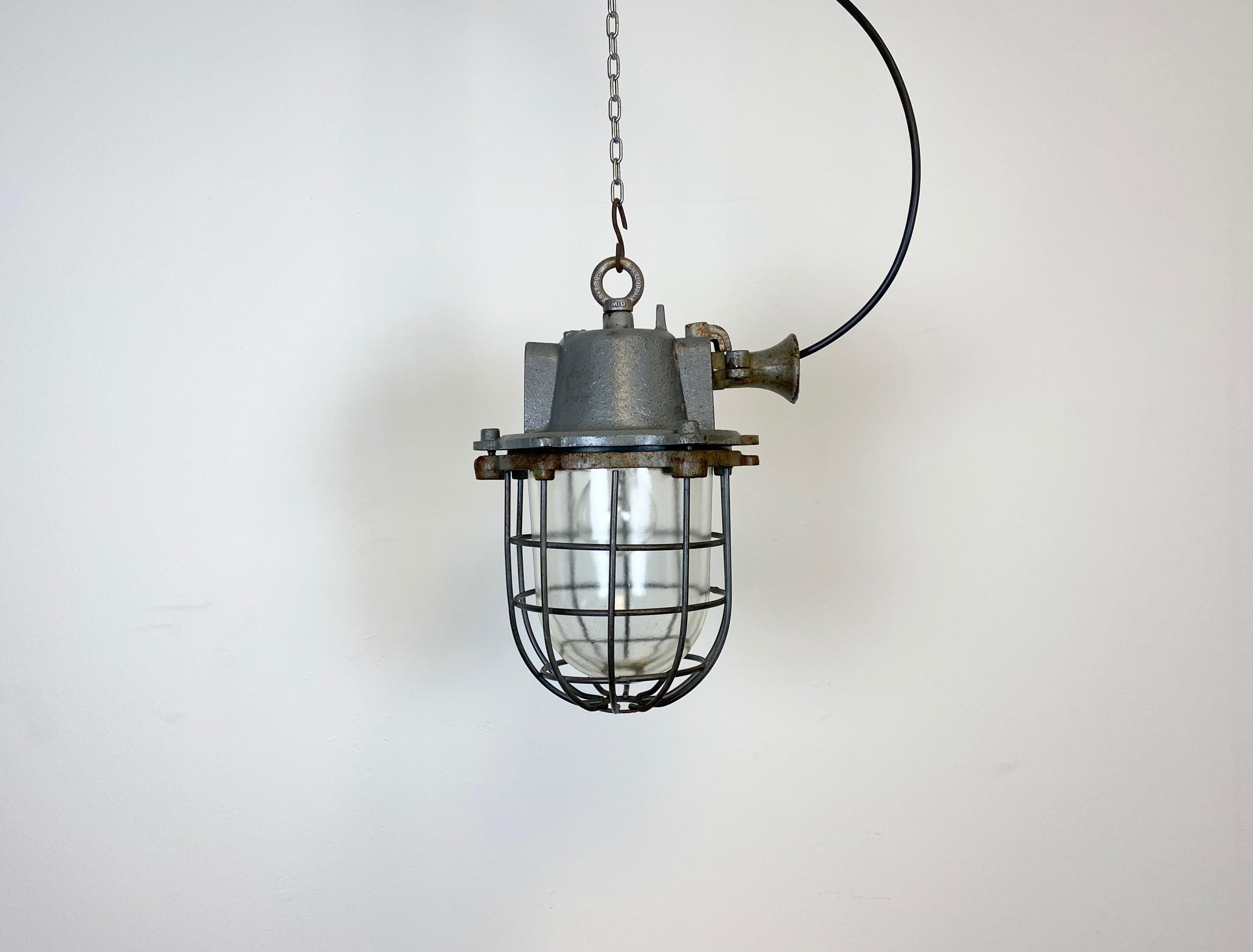 Grey Industrial Cast Iron Cage Pendant Light, 1960s In Good Condition For Sale In Kojetice, CZ