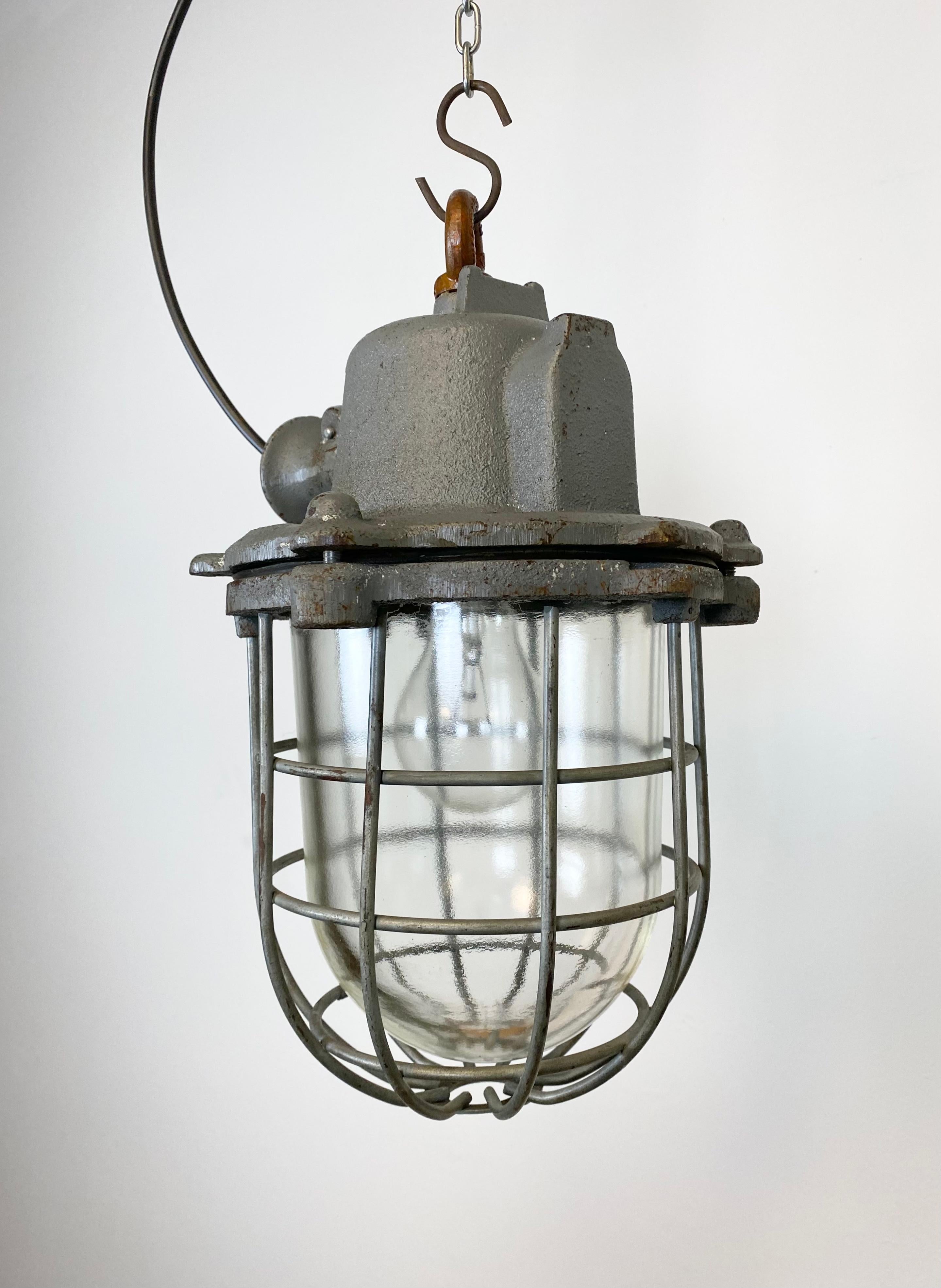 Czech Grey Industrial Cast Iron Cage Pendant Light, 1960s