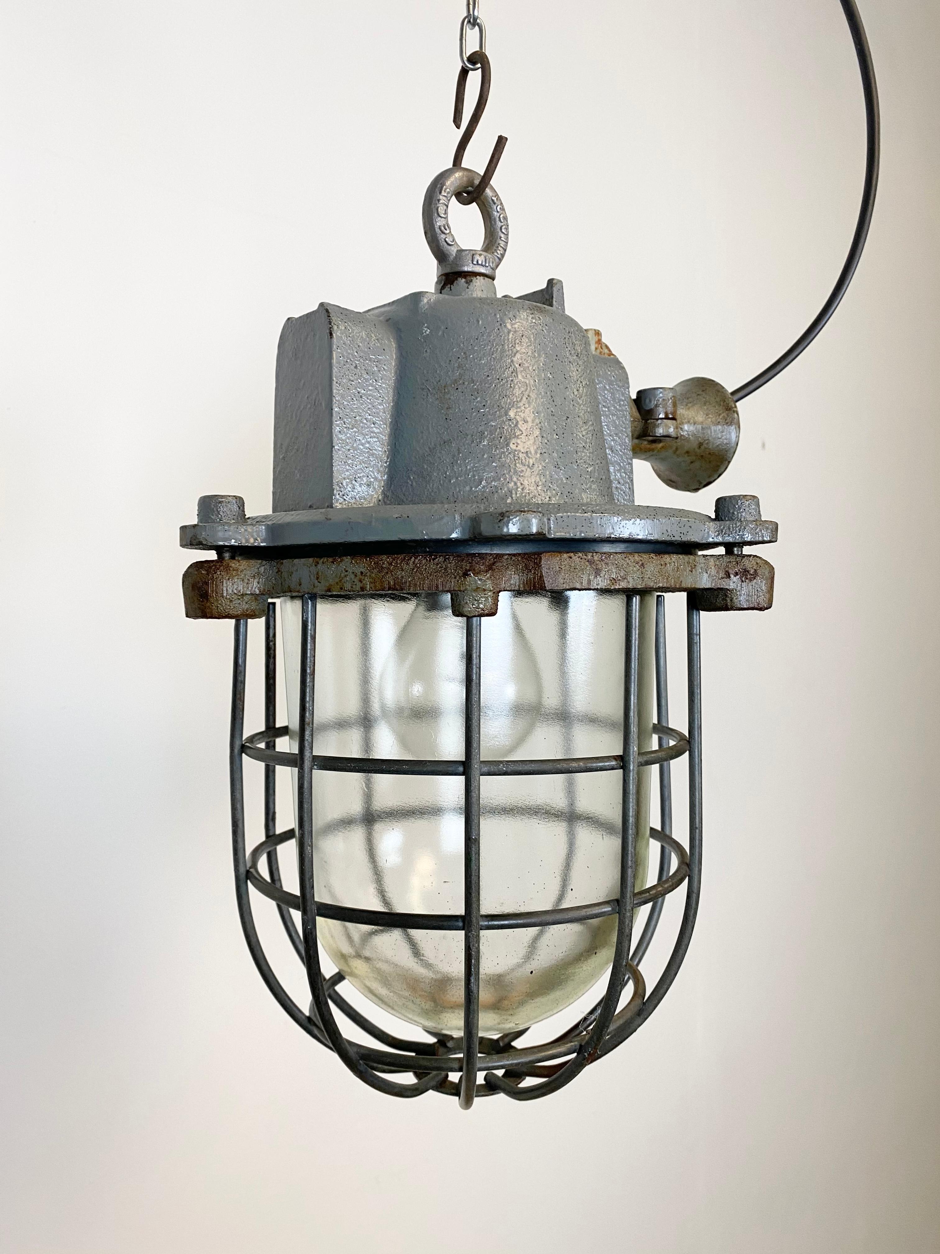 Glass Grey Industrial Cast Iron Cage Pendant Light, 1960s For Sale