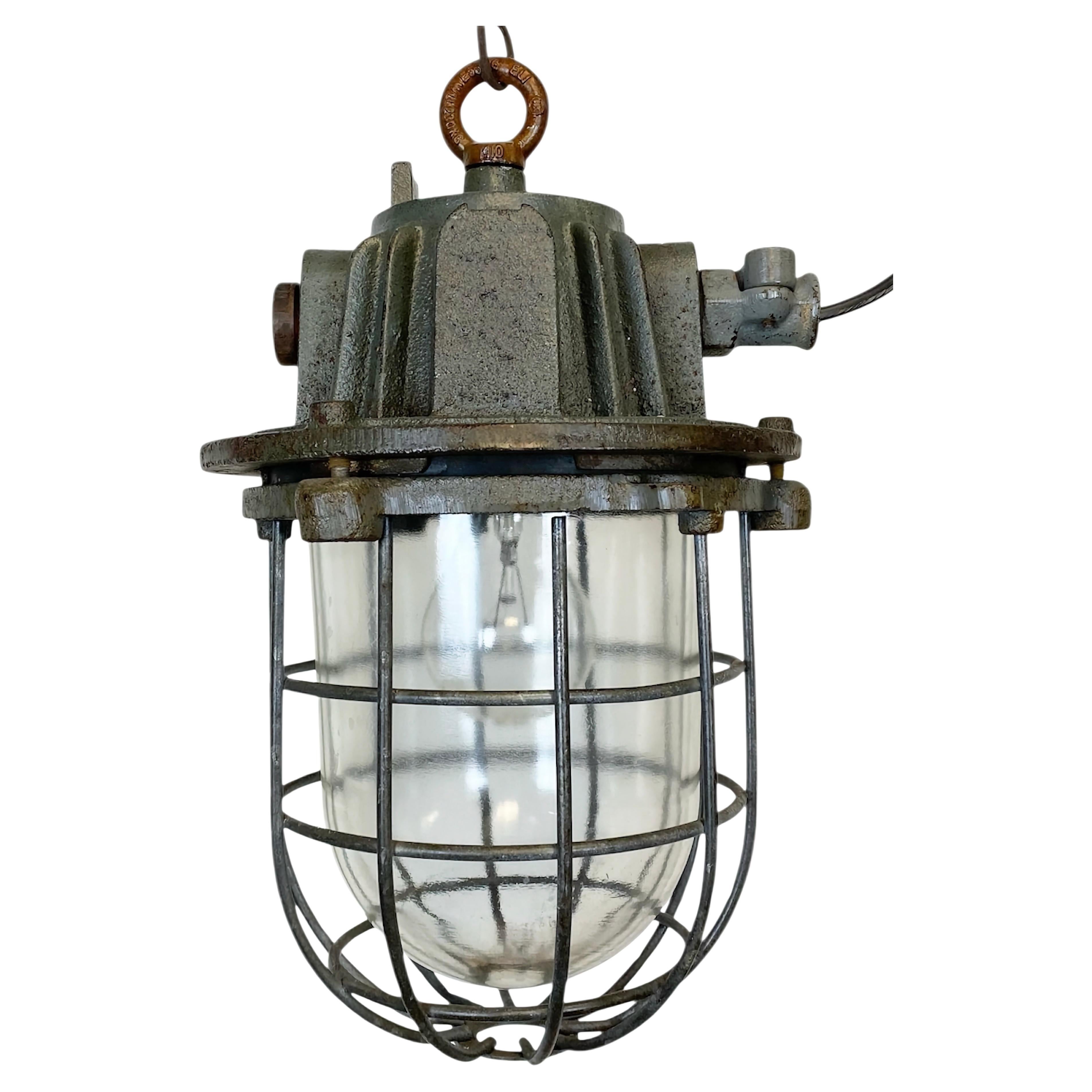 Grey Industrial Cast Iron Cage Pendant Light, 1960s