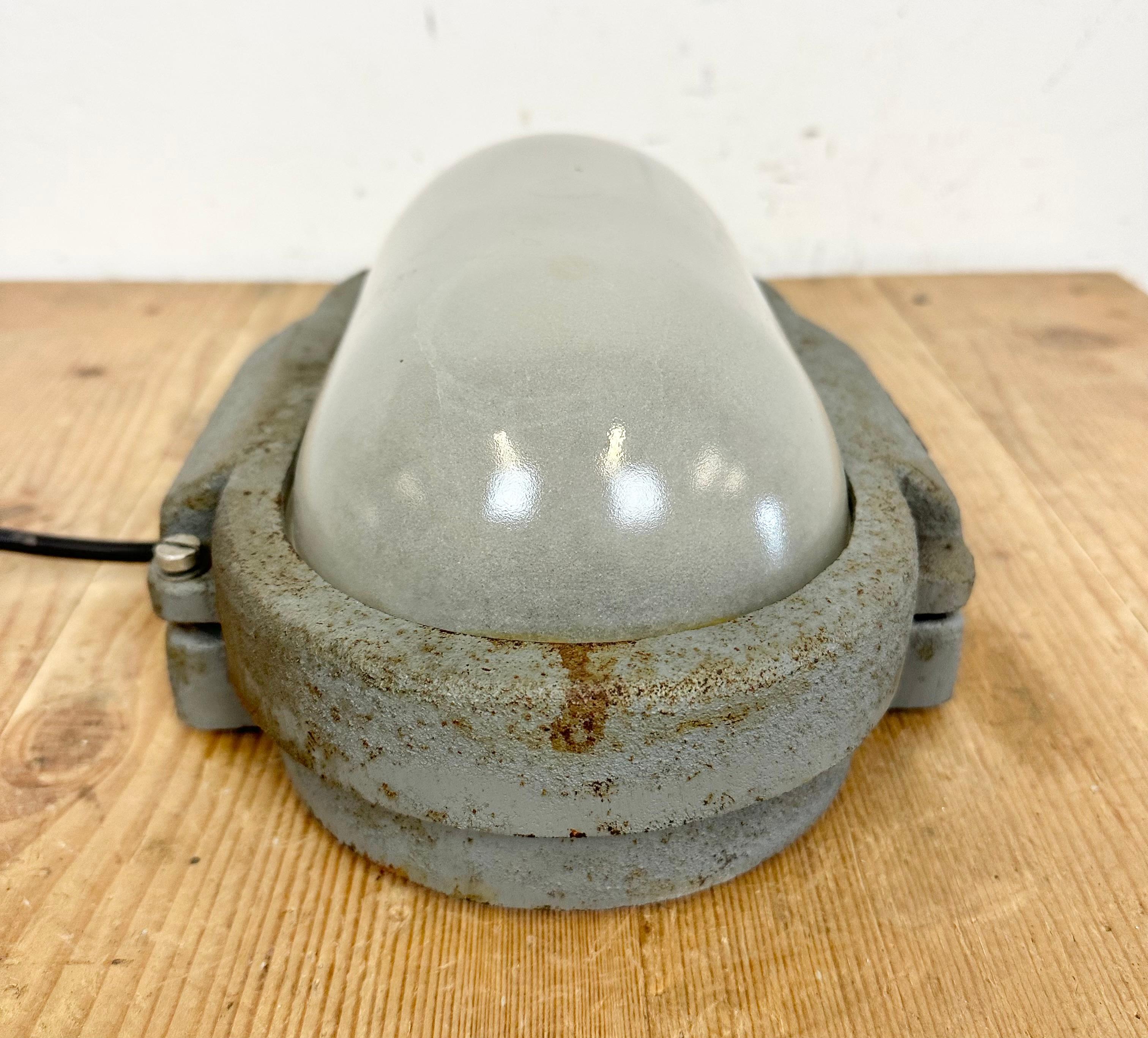 Milk Glass Grey Industrial Cast Iron Wall Light from Elektrosvit, 1960s For Sale
