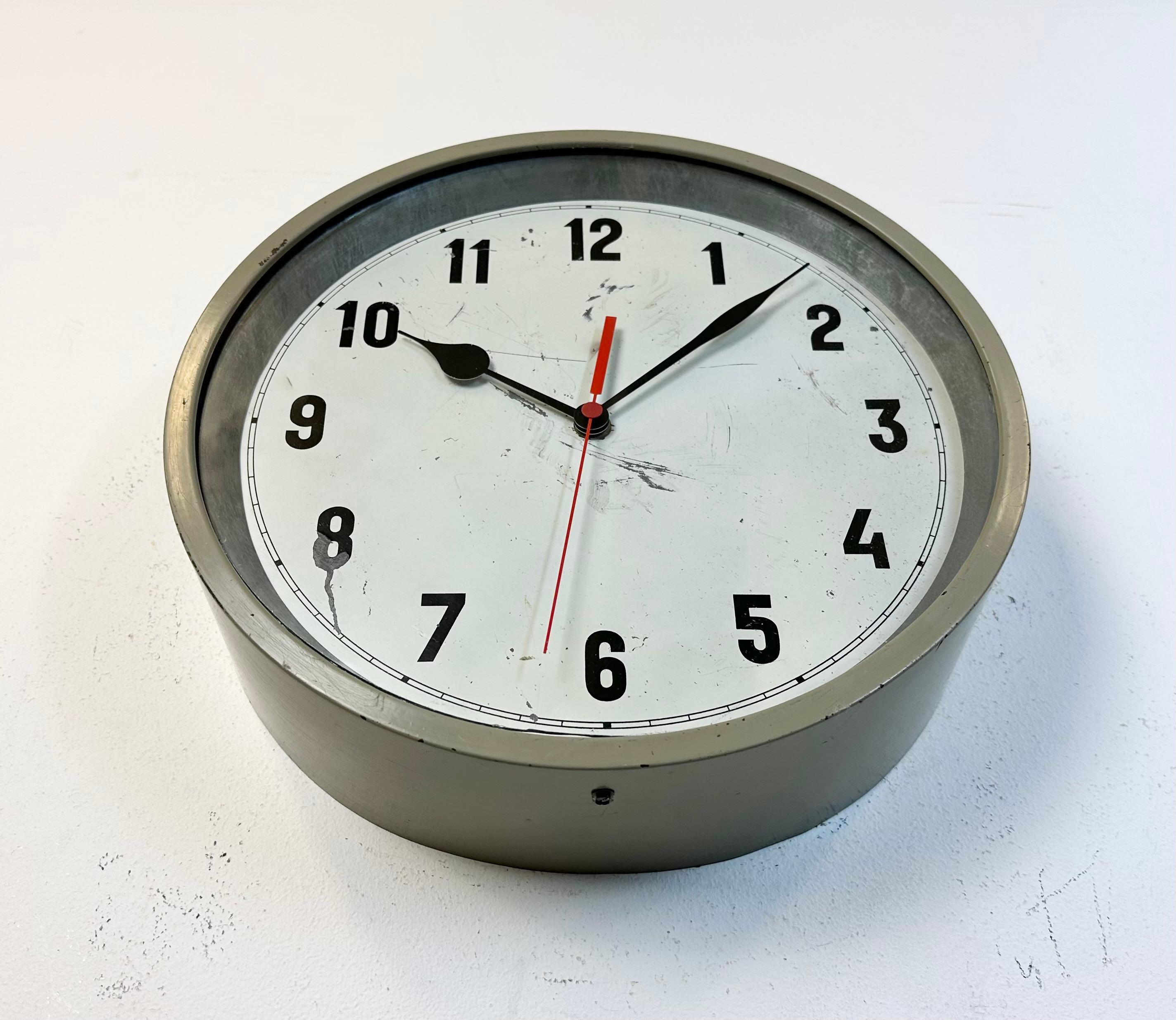 Glass Grey Industrial Factory Wall Clock, 1950s