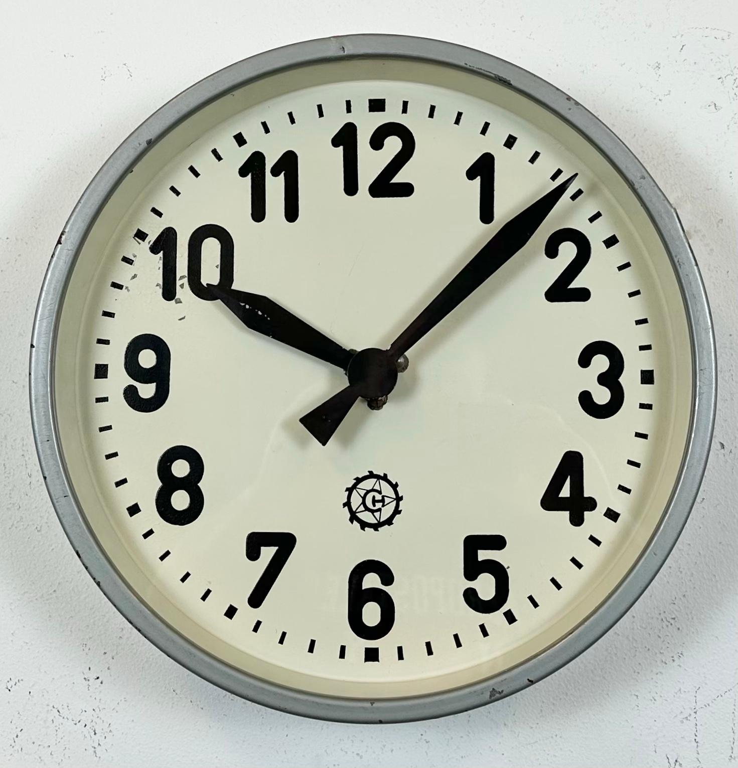 Czech Grey Industrial Factory Wall Clock From Chronotechna, 1950s For Sale