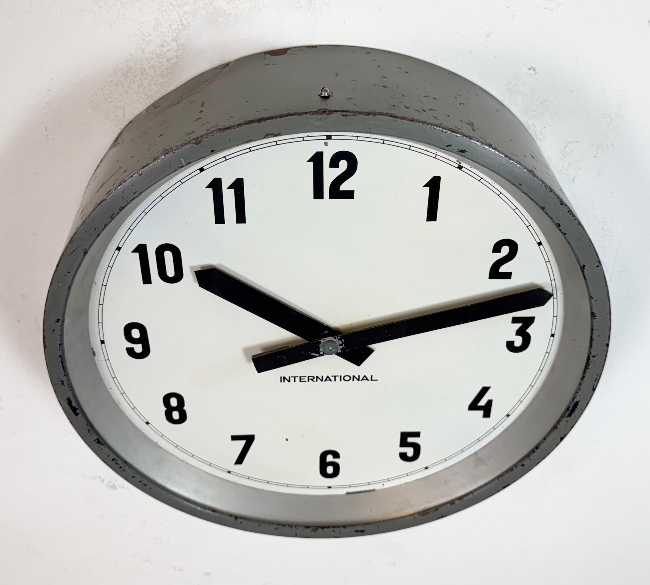 Glass Grey Industrial Factory Wall Clock from International, 1950s For Sale