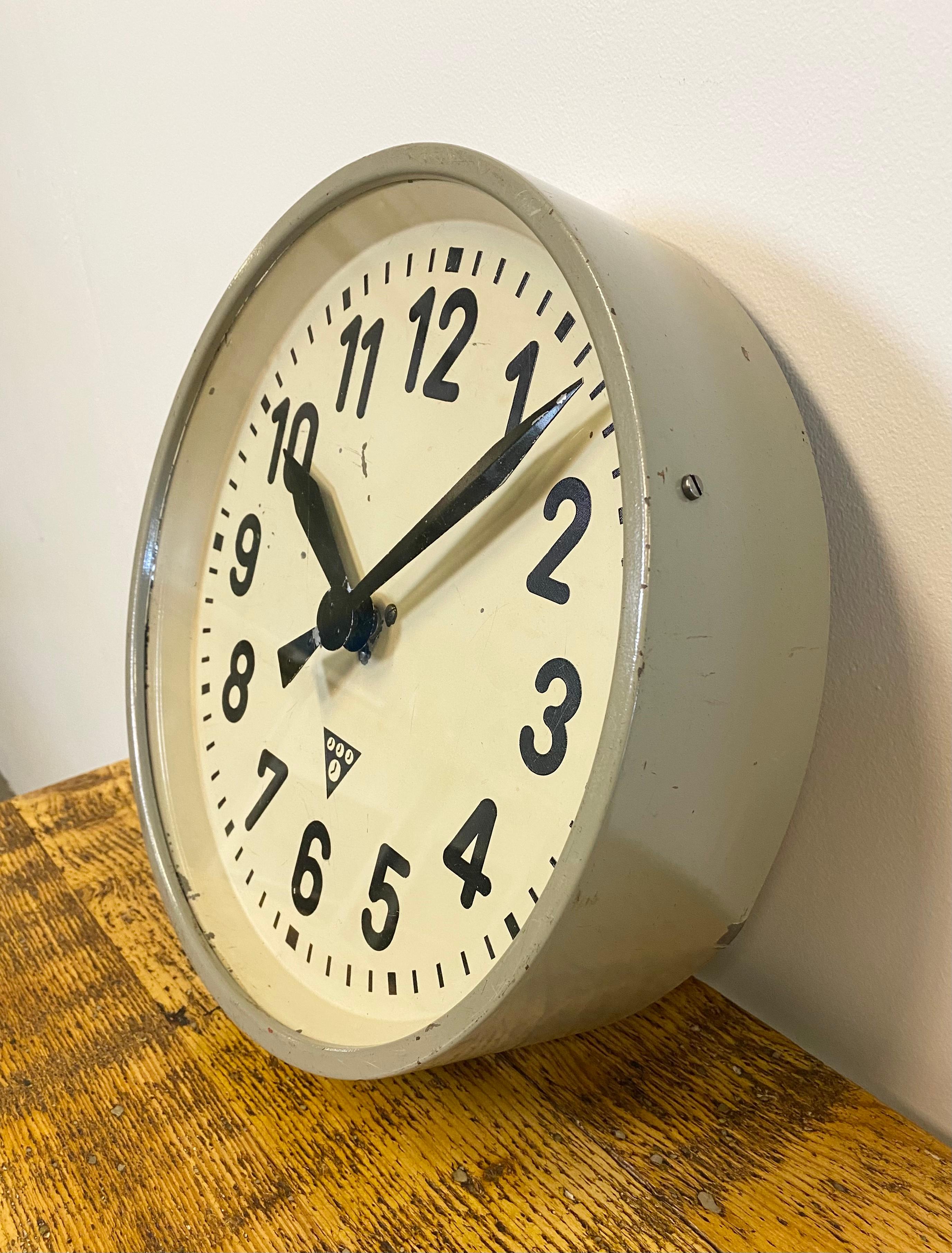 Czech Grey Industrial Factory Wall Clock from Pragotron, 1950s