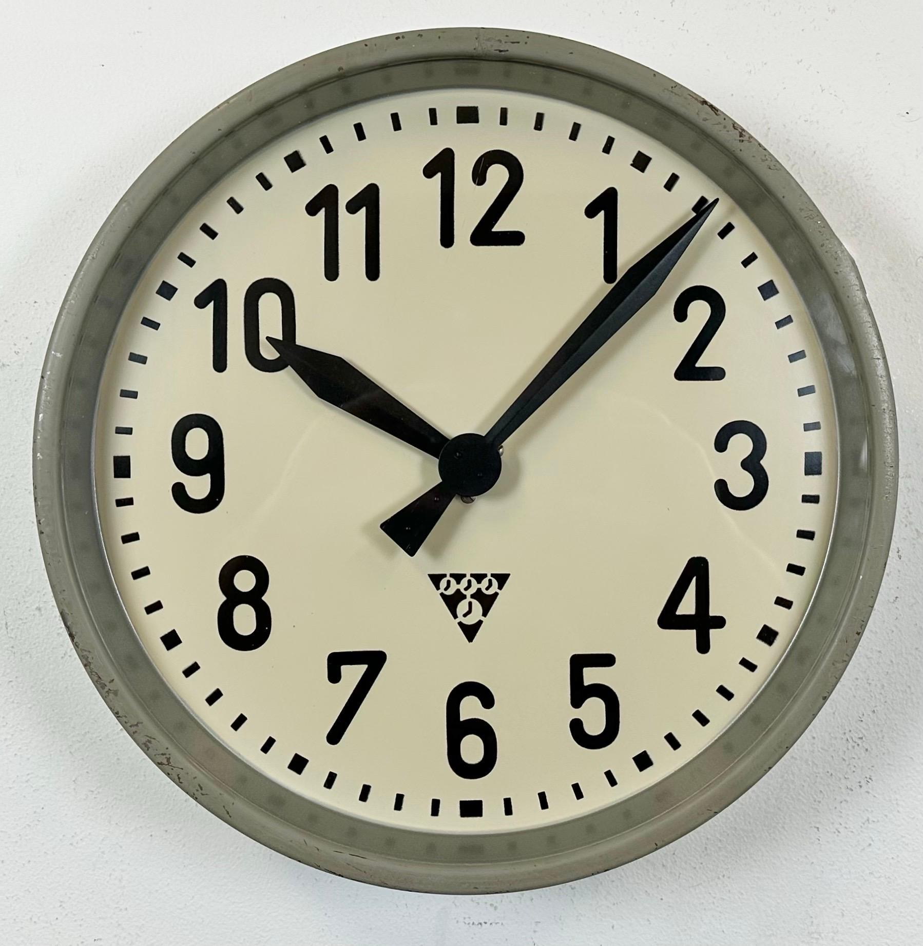 Czech Grey Industrial Factory Wall Clock from Pragotron, 1950s