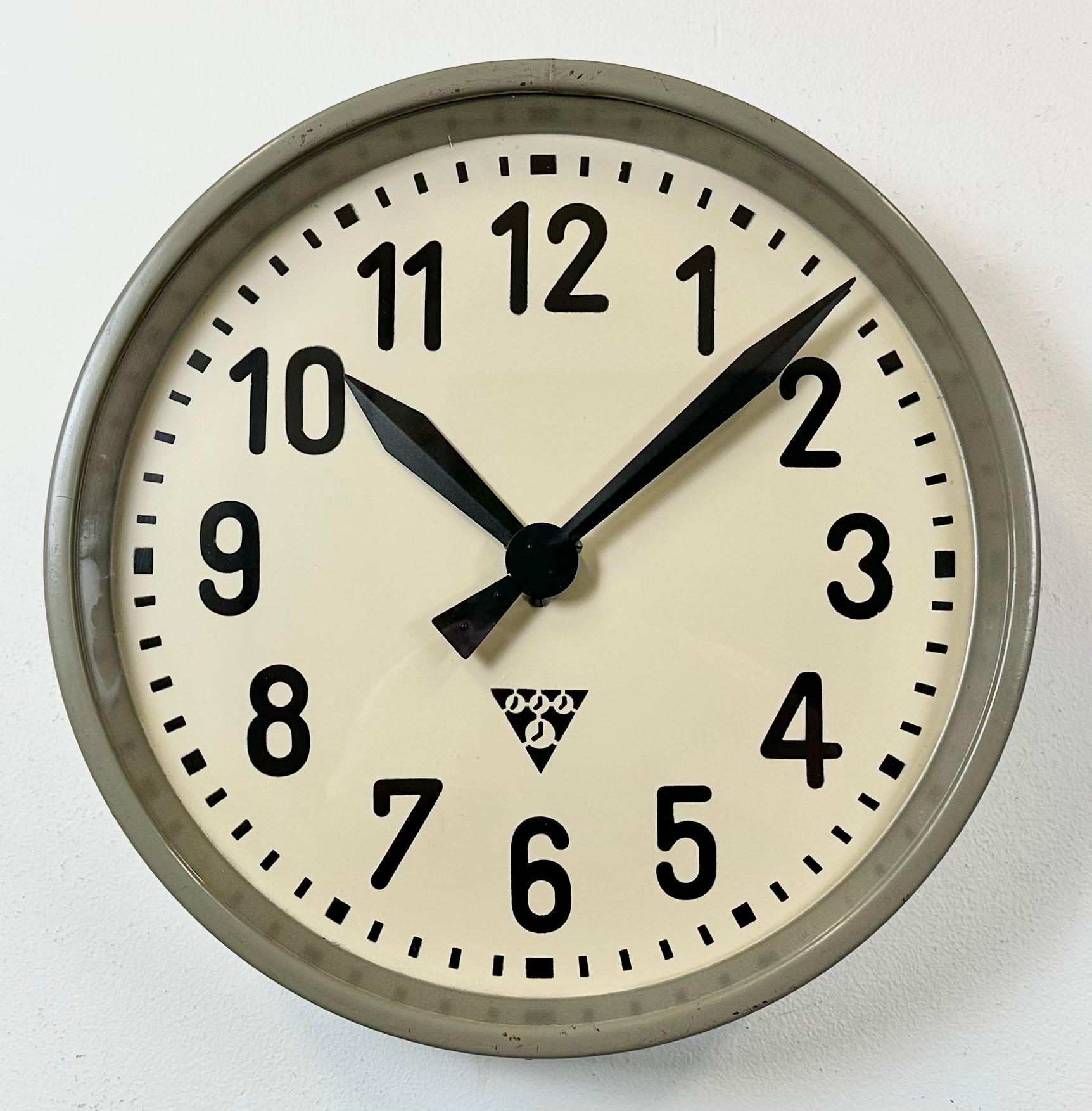 Glass Grey Industrial Factory Wall Clock from Pragotron, 1950s For Sale