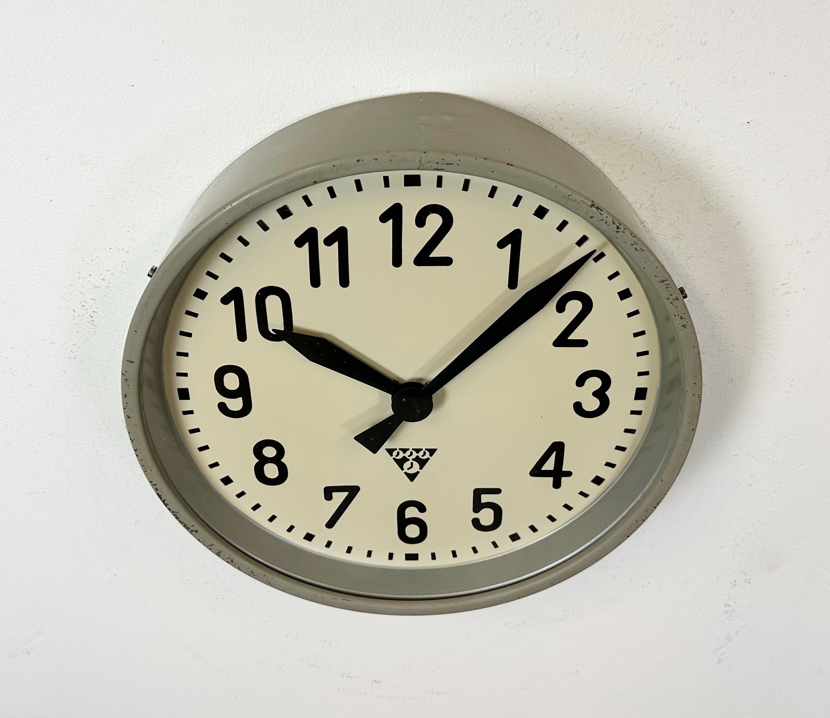 Glass Grey Industrial Factory Wall Clock from Pragotron, 1950s