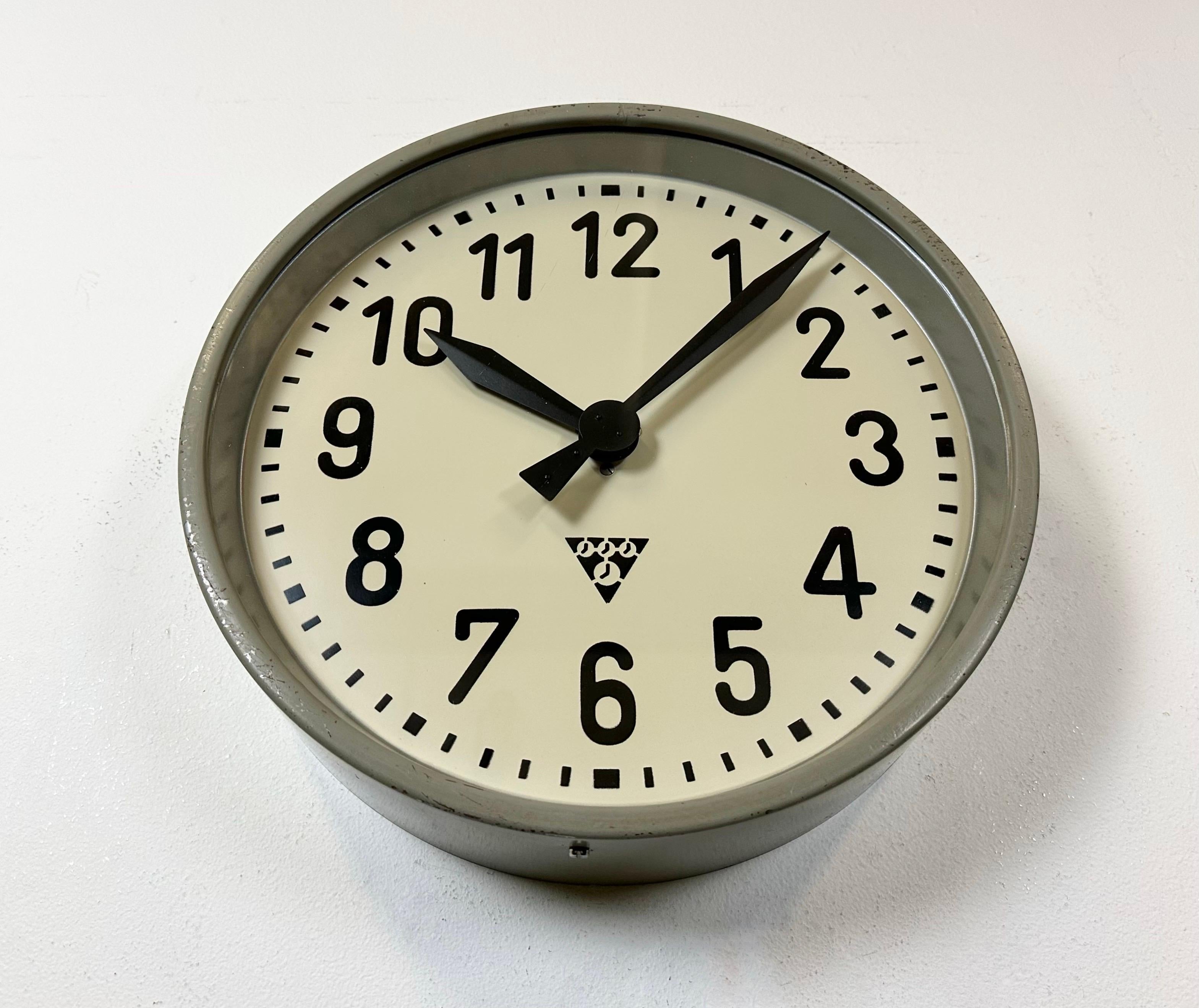 Grey Industrial Factory Wall Clock from Pragotron, 1950s 1