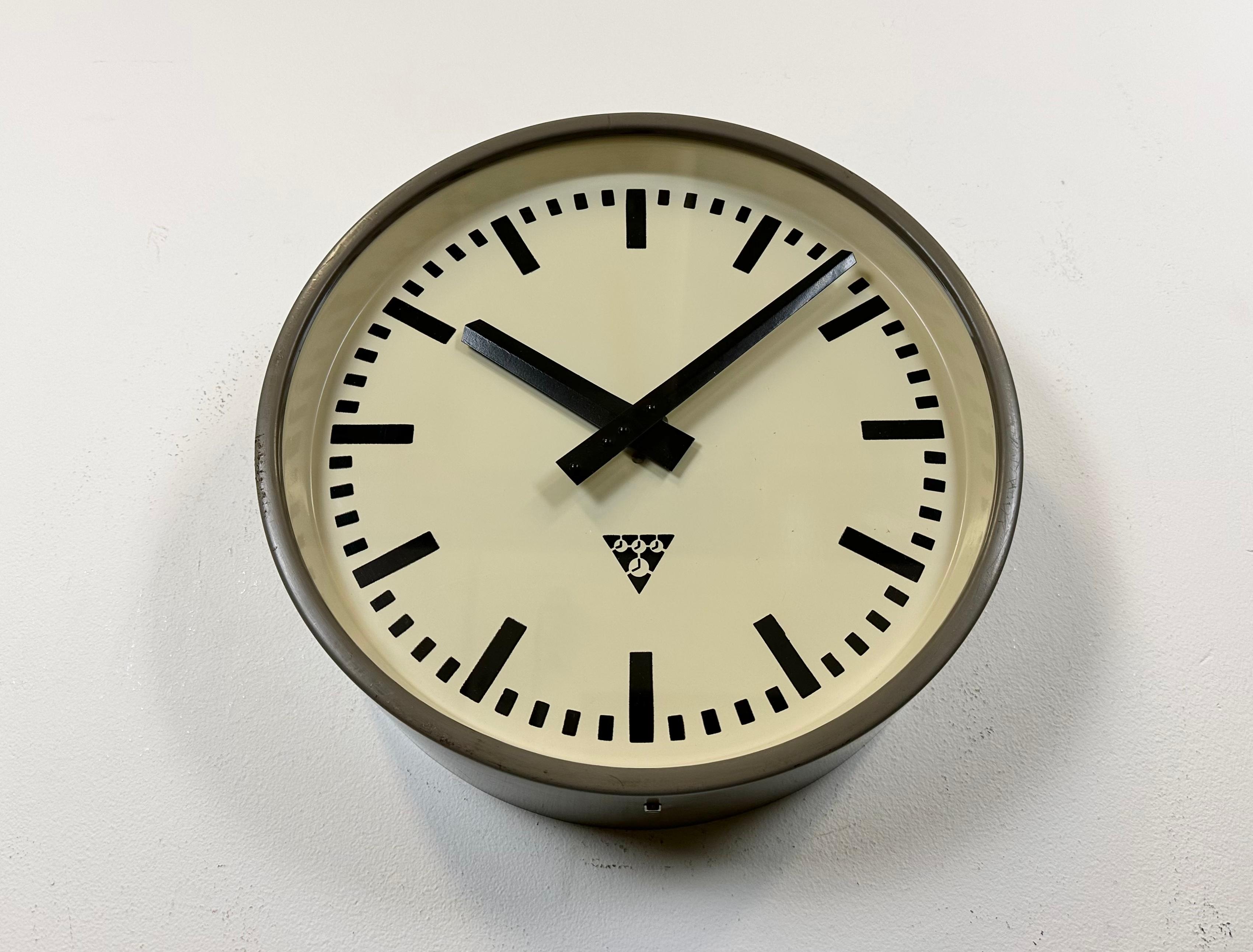 Czech Grey Industrial Factory Wall Clock from Pragotron, 1960s For Sale