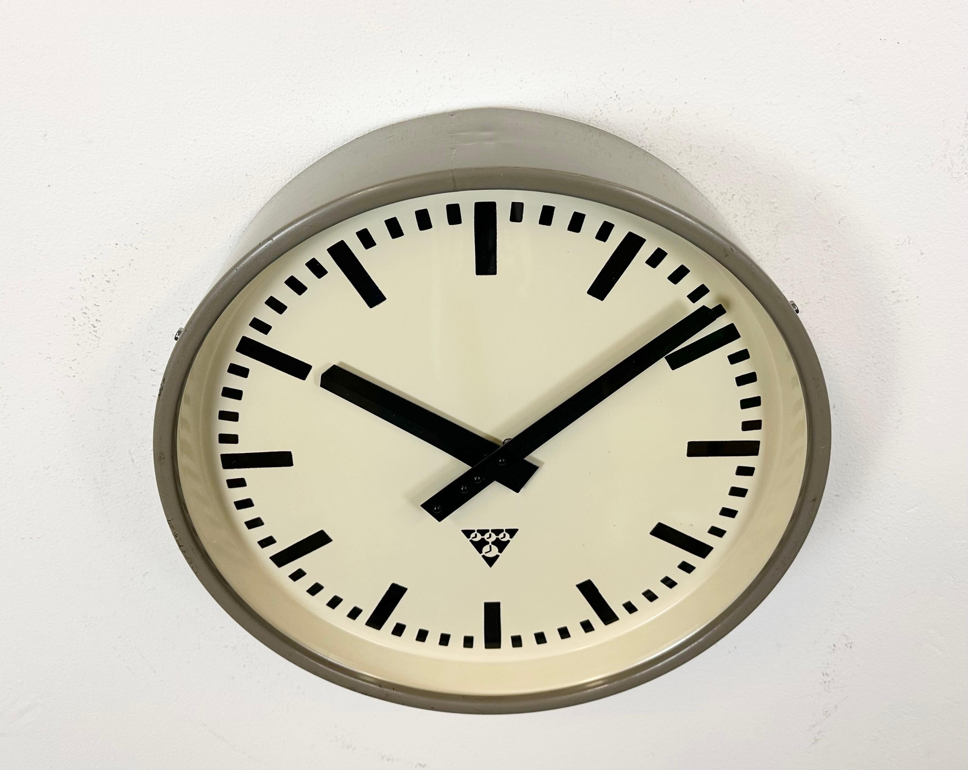 Czech Grey Industrial Factory Wall Clock from Pragotron, 1960s For Sale