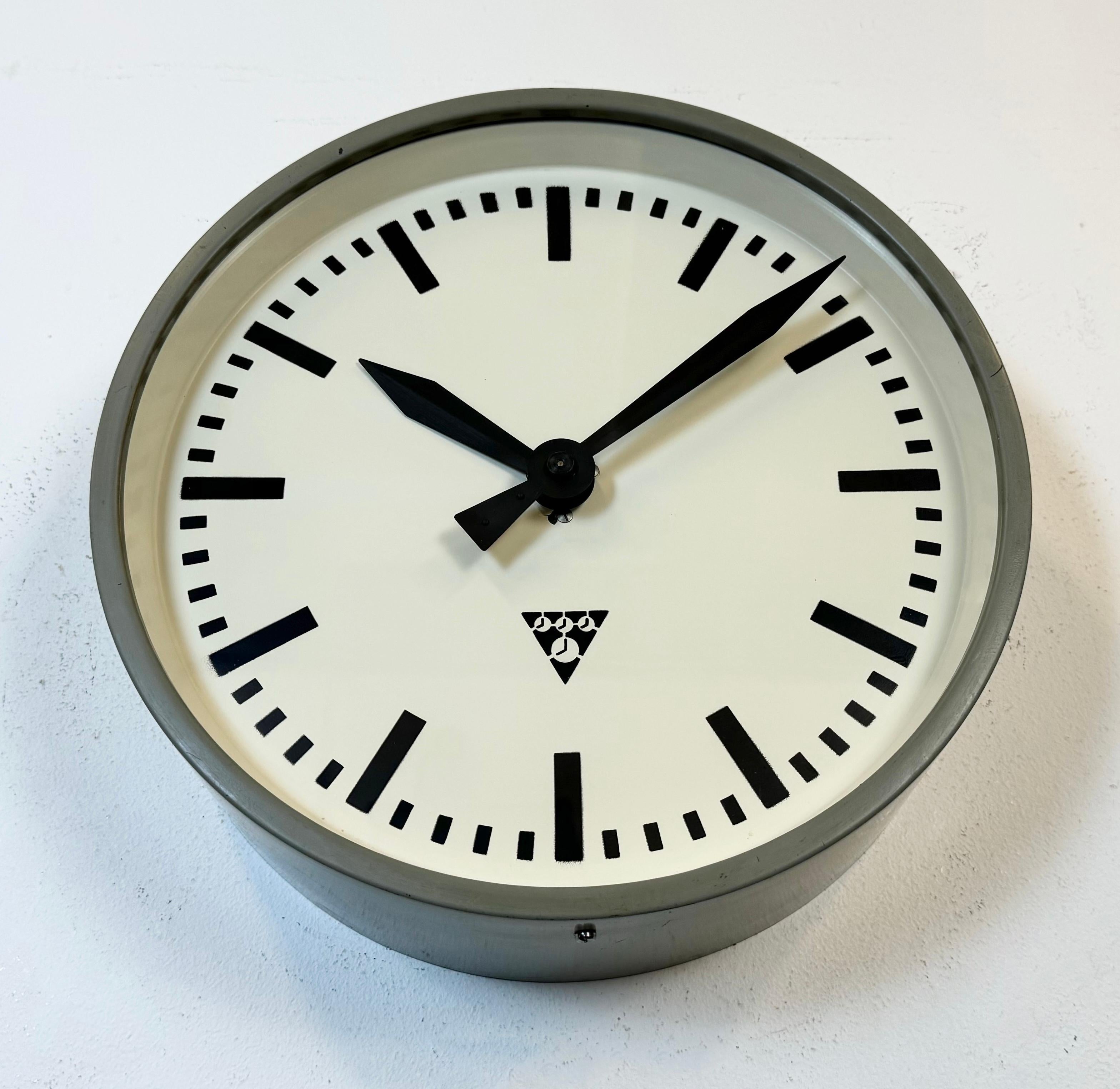 Glass Grey Industrial Factory Wall Clock from Pragotron, 1960s For Sale