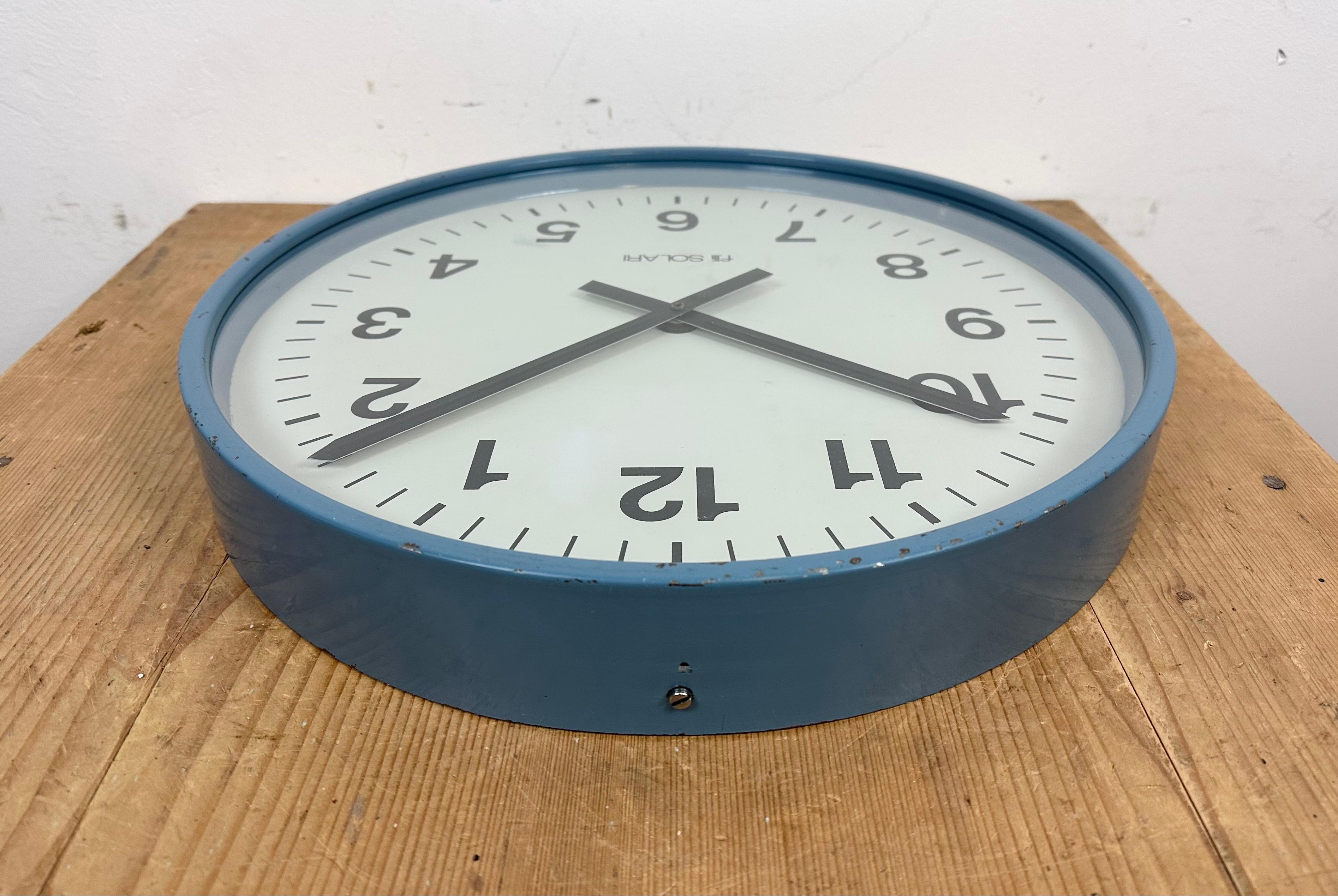 Blue  Industrial Italian Wall Clock from Fratelli Solari Udine, 1970s For Sale 3