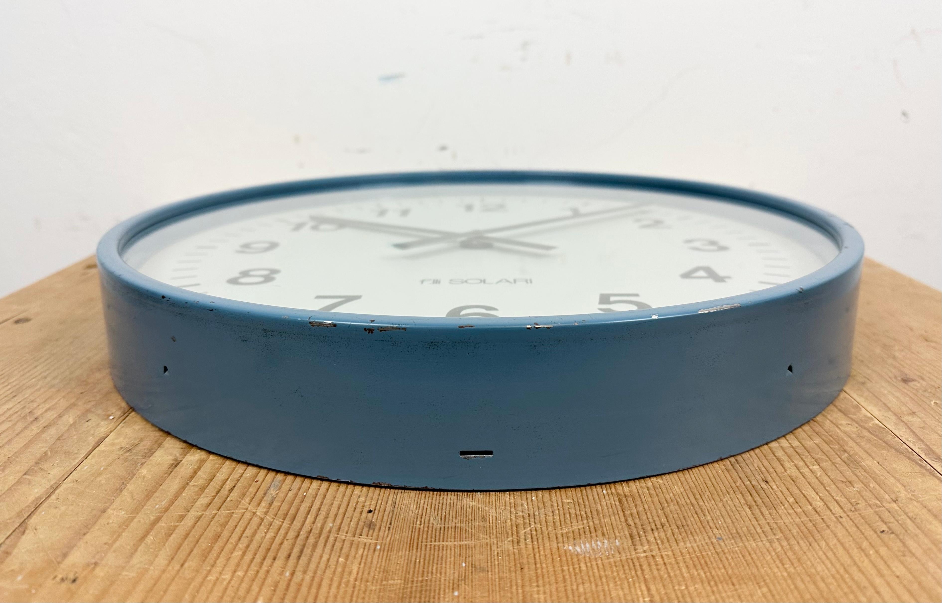 Glass Blue  Industrial Italian Wall Clock from Fratelli Solari Udine, 1970s For Sale