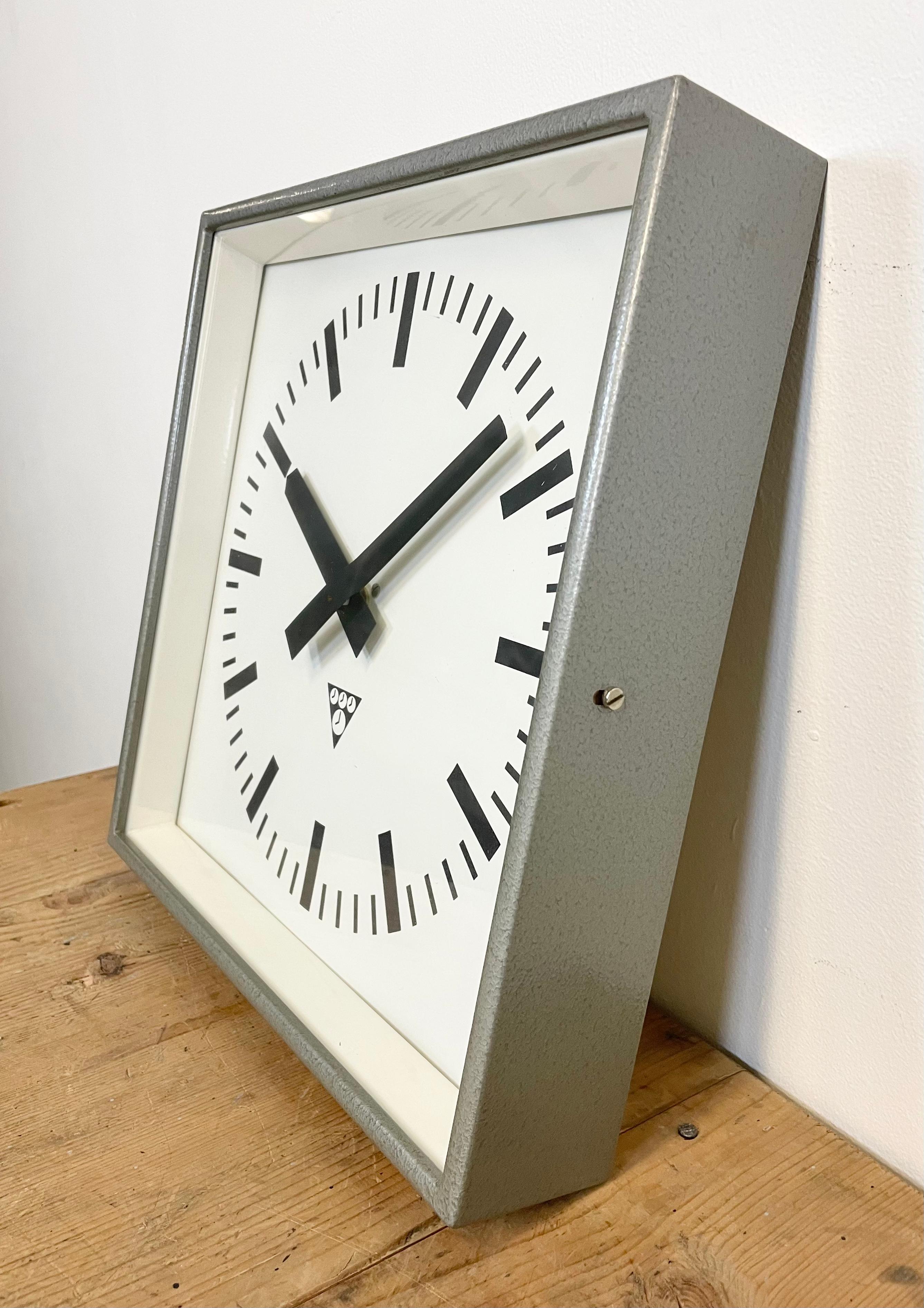 Czech Grey Industrial Square Pragotron Wall Clock, 1970s