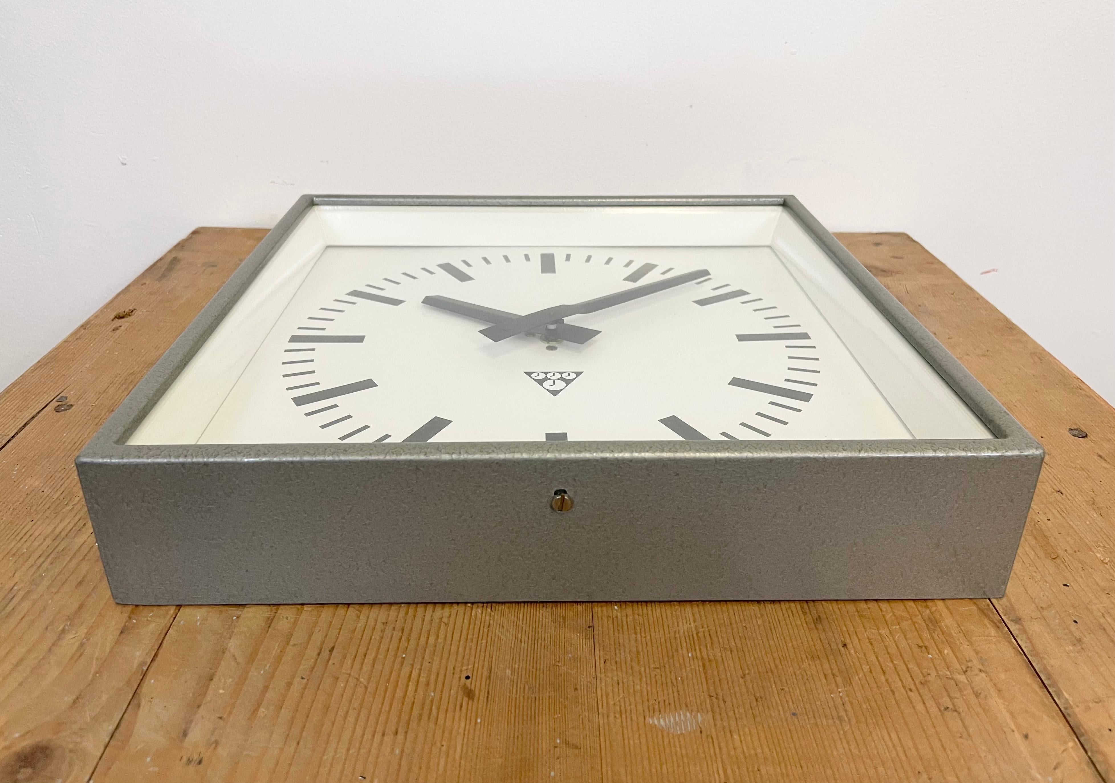 Lacquered Grey Industrial Square Pragotron Wall Clock, 1970s