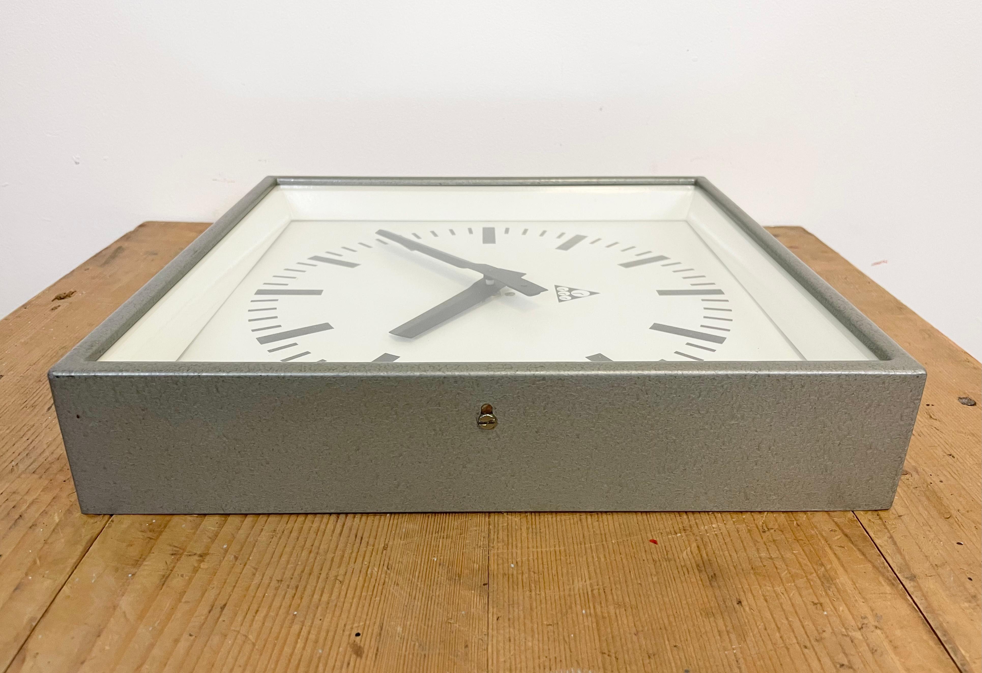 Aluminum Grey Industrial Square Pragotron Wall Clock, 1970s