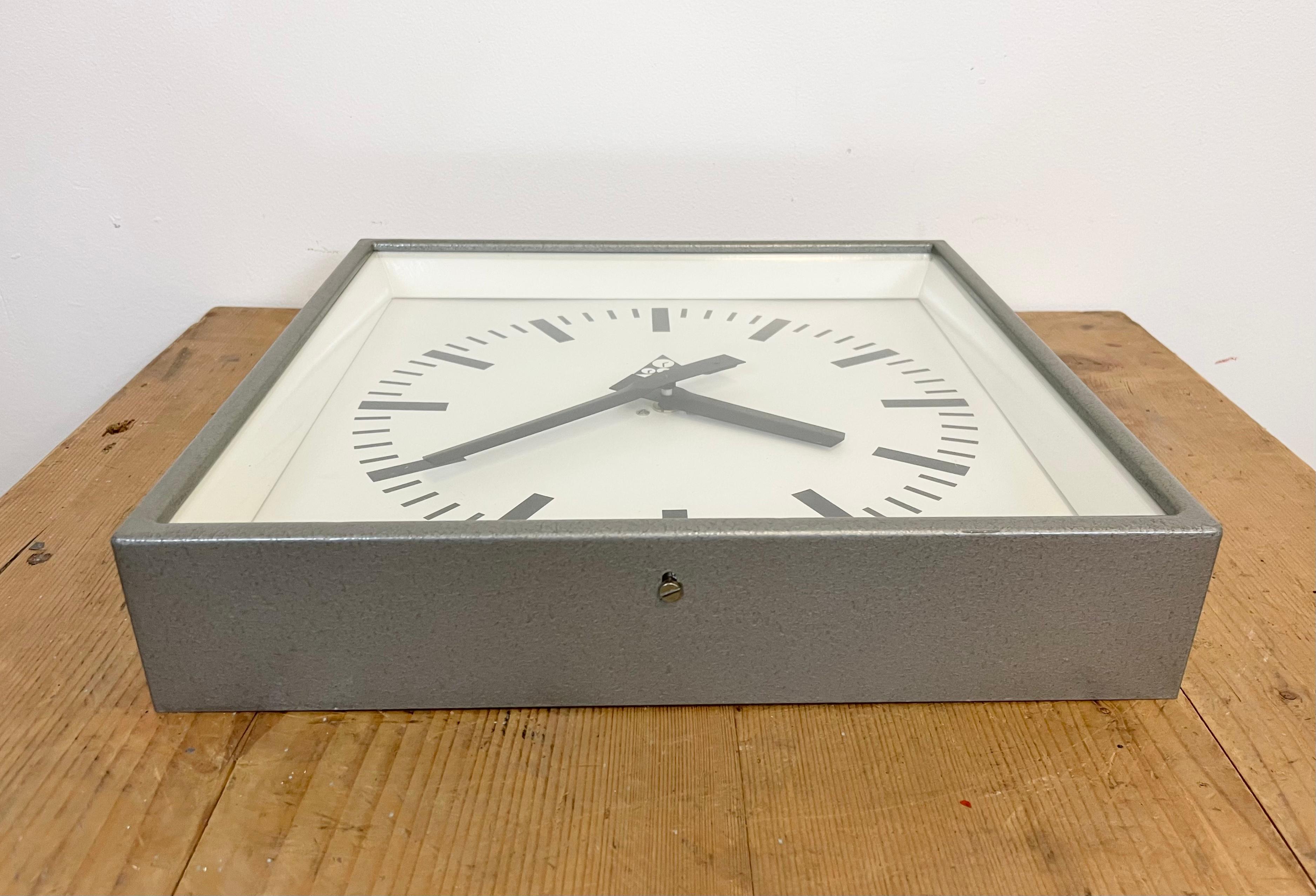 Grey Industrial Square Pragotron Wall Clock, 1970s 1