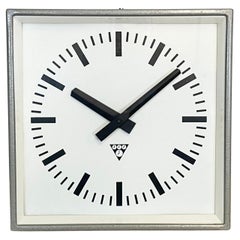 Vintage Grey Industrial Square Pragotron Wall Clock, 1970s